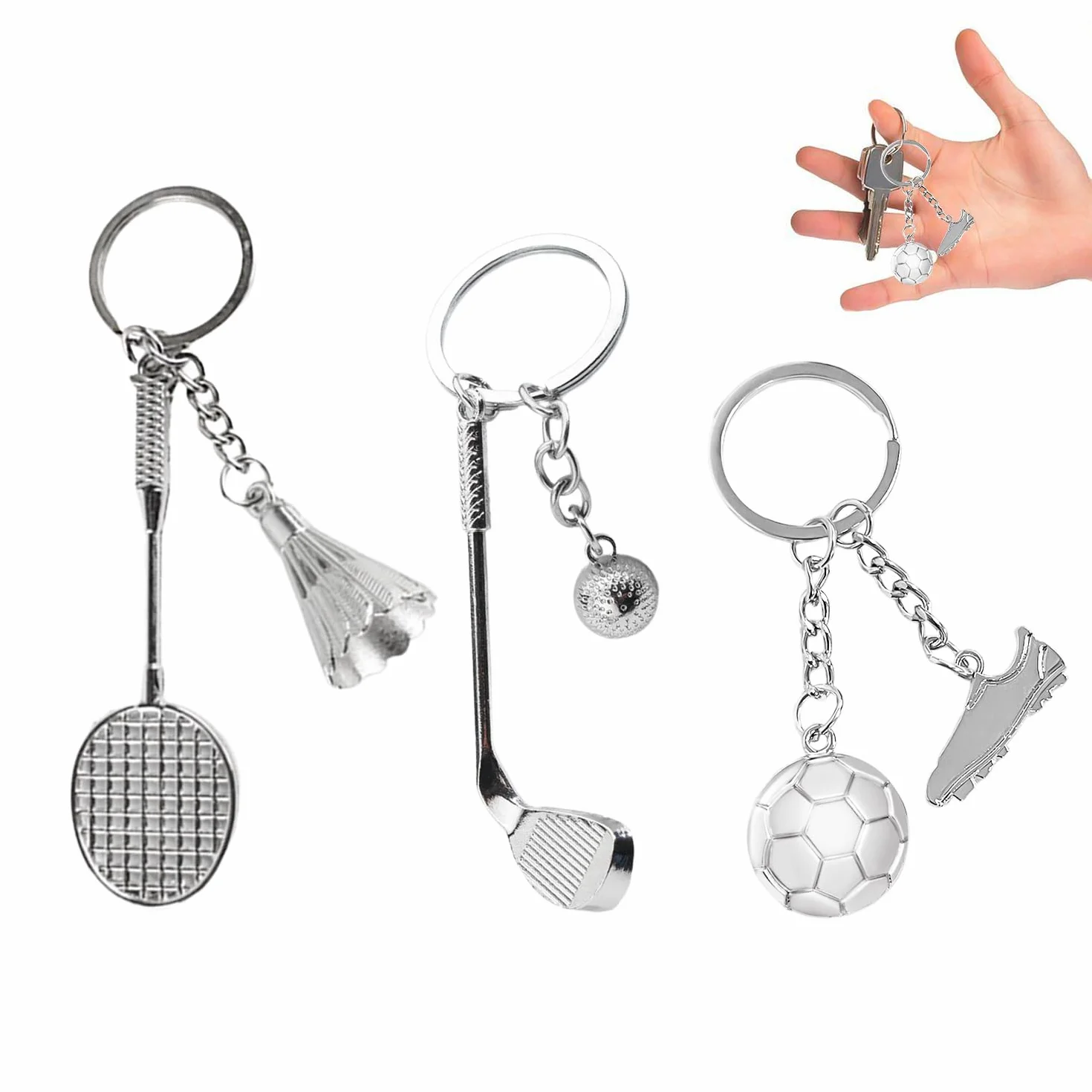 3 sztuki breloczków do kluczy z piłką nożną i badmintonem, kreatywnymi akcesoriami do metalowych piłek, do toreb, kluczy, zawieszek DIY, uniseks (srebrny), srebro, jeden rozmiar