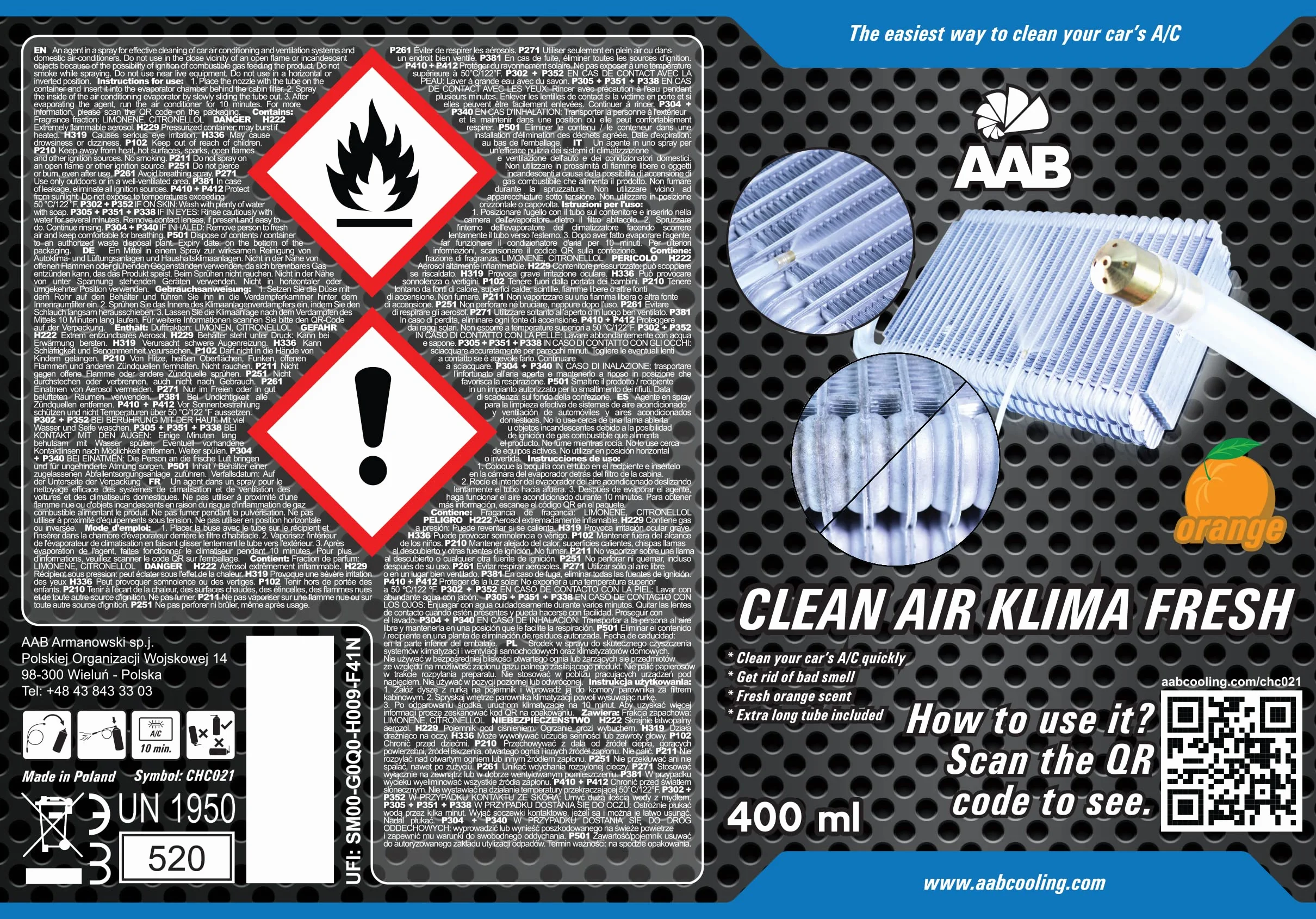 AABCOOLING Clean Air Klima Fresh 400ml - Preparat do Klimatyzacji Samochodowej, Odświeżacz Układu Chłodzenia Powietrza, Spray do Klimy, Czyszczenie Nawiewu i Układu Klimatyzacji