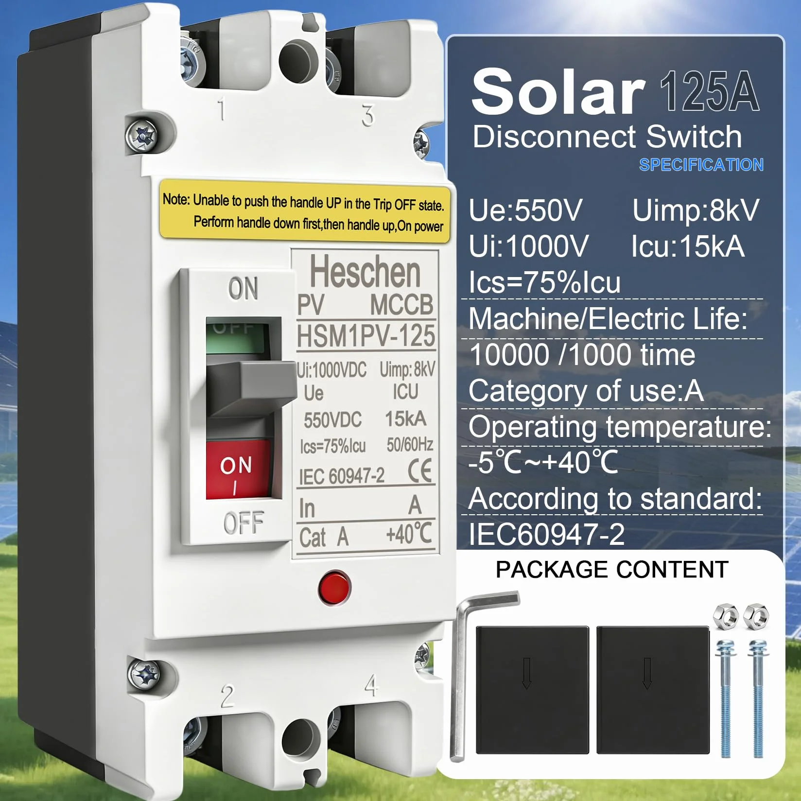 Heschen Wyłącznik DC MCCB HSM1PV-125 2-biegunowy DC550V 63A do instalacji solarnych PV