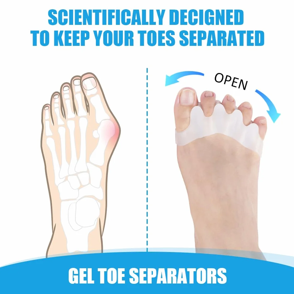 ACWOO Korektor palców Bunion, miękkie żelowe ochraniacze na kolano, dla dużych palców, odprężające, rozkładane, do Hallux Valgus & Bunion Support (4 pary)
