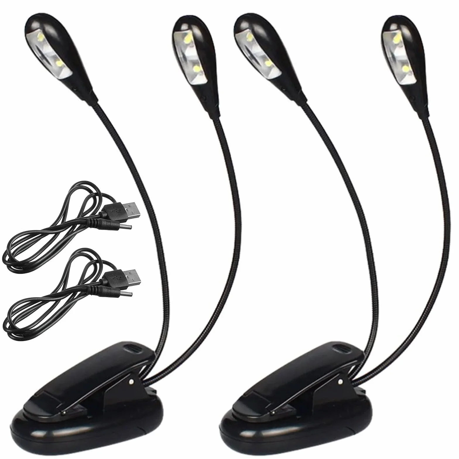 Cerioll Muzyczna lampka do stoiska, muzyczna lampka do czytania, podwójna głowica do czytania, 4 lampki LED z kablem USB, na fortepian, biurko, stojak na stół, czarny, 2 szt