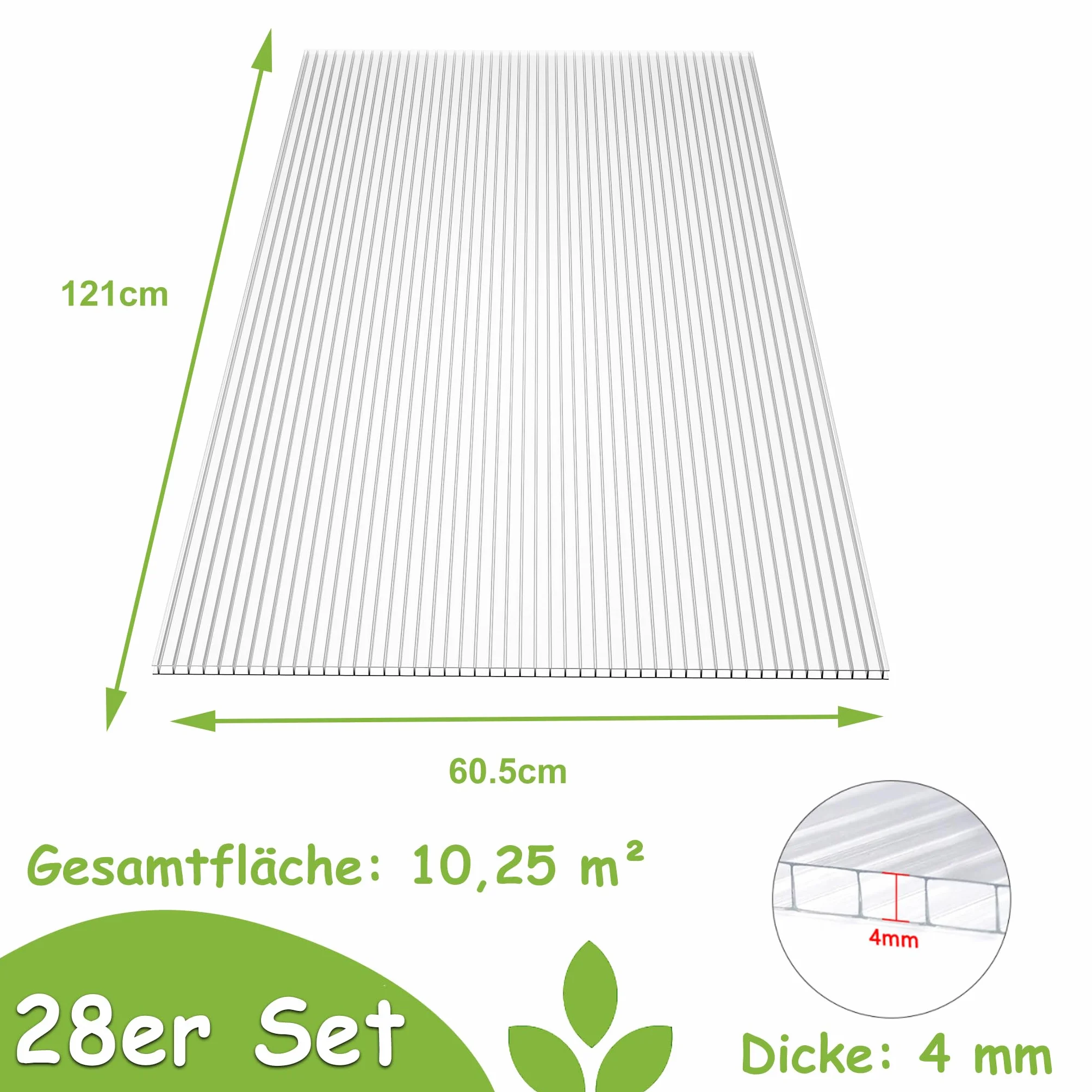 YRHome 28 płyt komorowych z poliwęglanu, podwójna płyta komorowa, 605 x 1210 x 4 mm, powierzchnia całkowita 20,5 m², płyta komorowa, płyta szklarniowa, w zestawie 100 zszywek i 100 klipsów Z