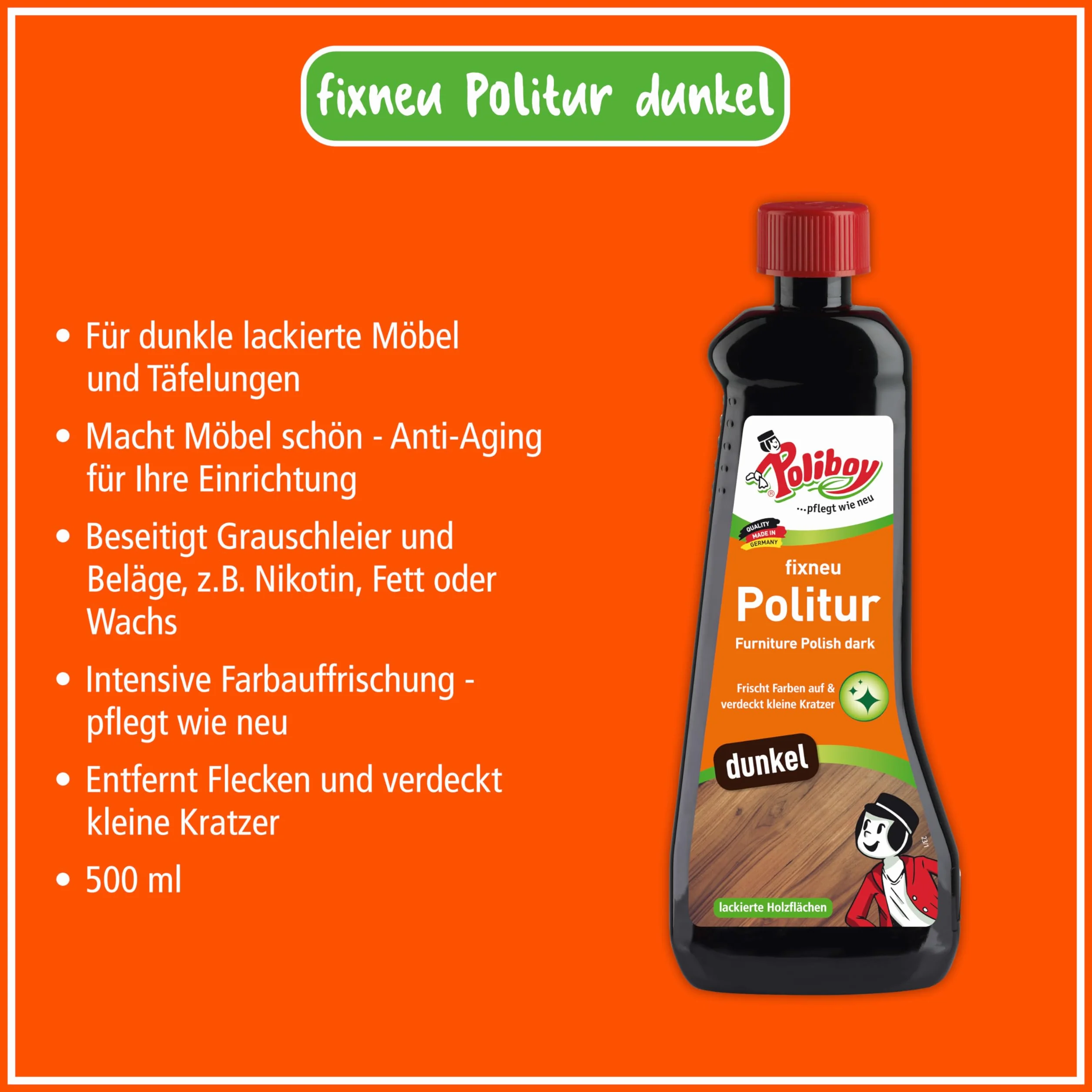 Poliboy Fixneu politura do mebli ciemna - do ciemnych powierzchni - usuwa zadrapania i odświeża - 1000 ml (2 x 500 ml) - Made in Germany