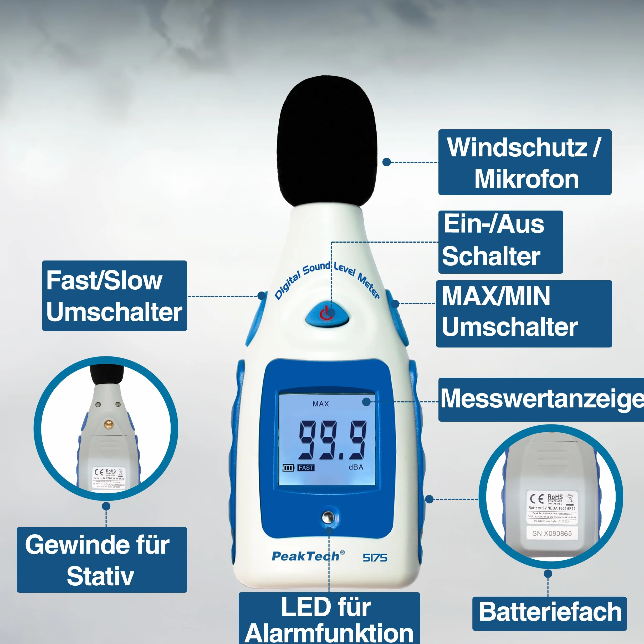 PeakTech P 5175 - Miernik poziomu dźwięku ~ 40 ... 130 dB A