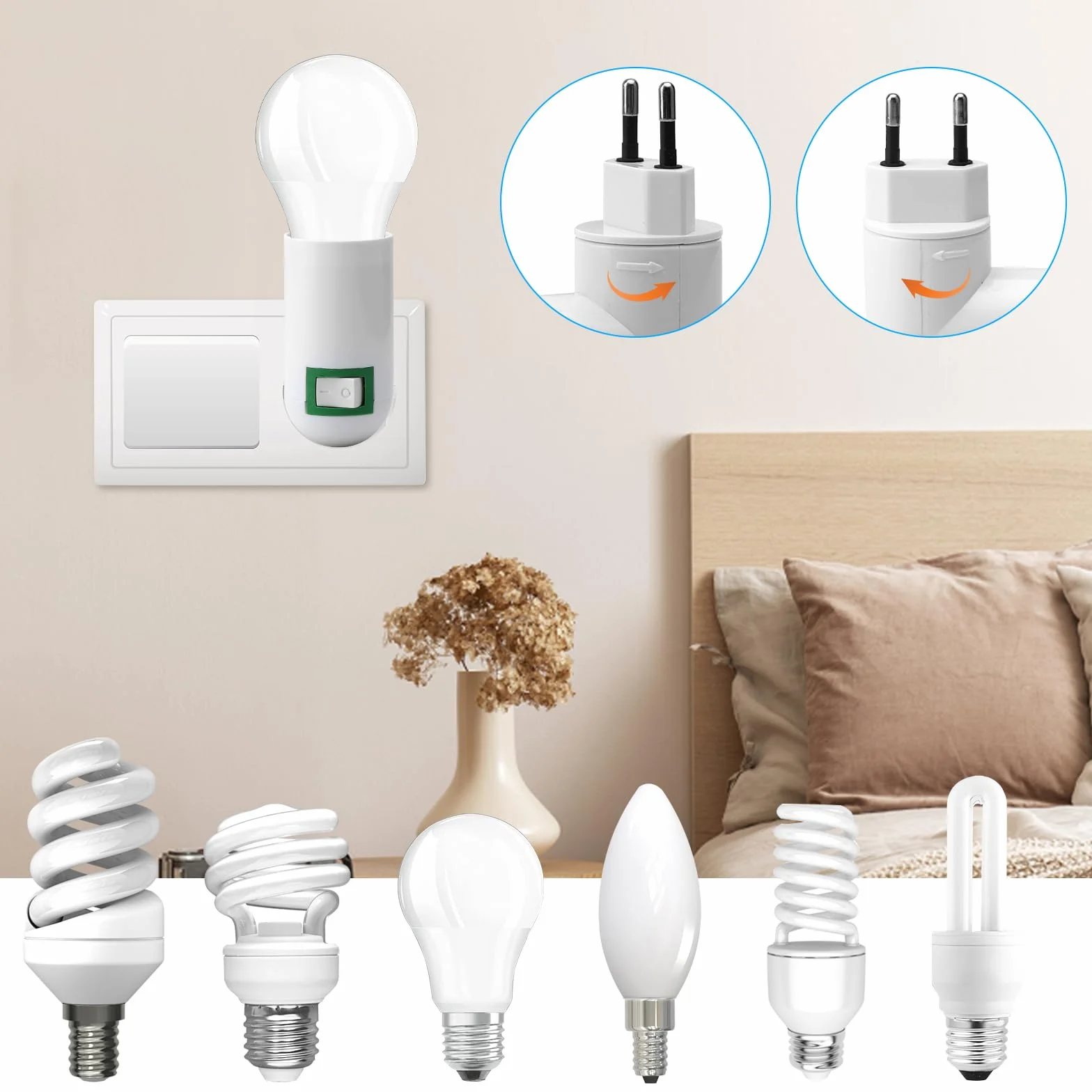 HENGBIRD 2 sztuki oprawek E27 do lampy 360° regulowana oprawa lampy z przełącznikiem, wtyczka EU, gniazdo wtykowe do żarówki, lampy ściennej, adapter cokołowy, lampa kuchenna, konwerter