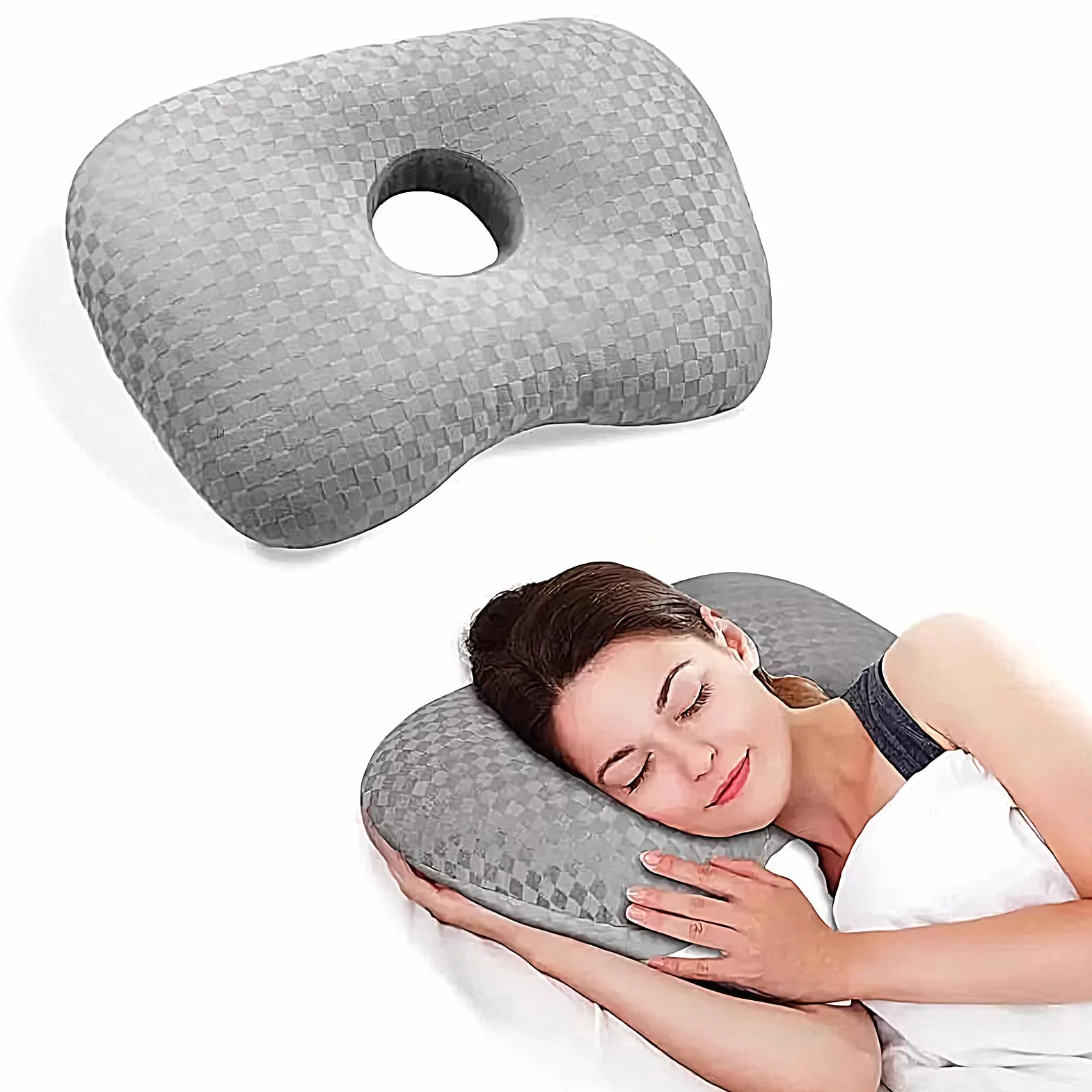 Piercing Pillow, Donut Pillow, 17.32x12.6x0.79inches, Ergonomic Cushion with Ear Holes, Soft and Supportive Design, Ideal for Travel, Office, Dorm, Car, Apartment, Road Trips, Gray Color