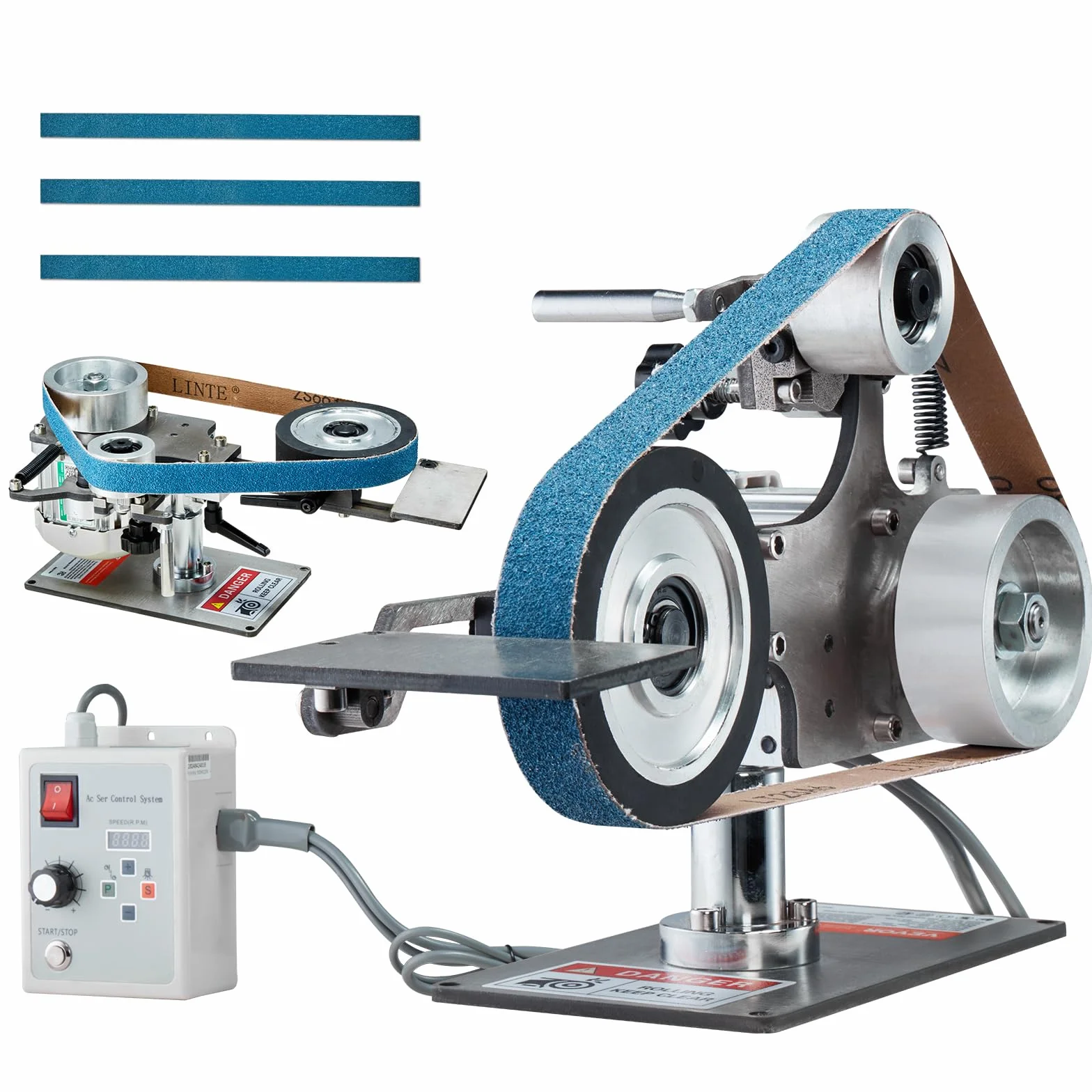 VEVOR Polerka taśmowa o zmiennej prędkości 762 x 25 mm z VFD, szlifierka do polerowania 550 W z 2 matrycami i 3 taśmami ściernymi do obróbki metalu, produkcji noży