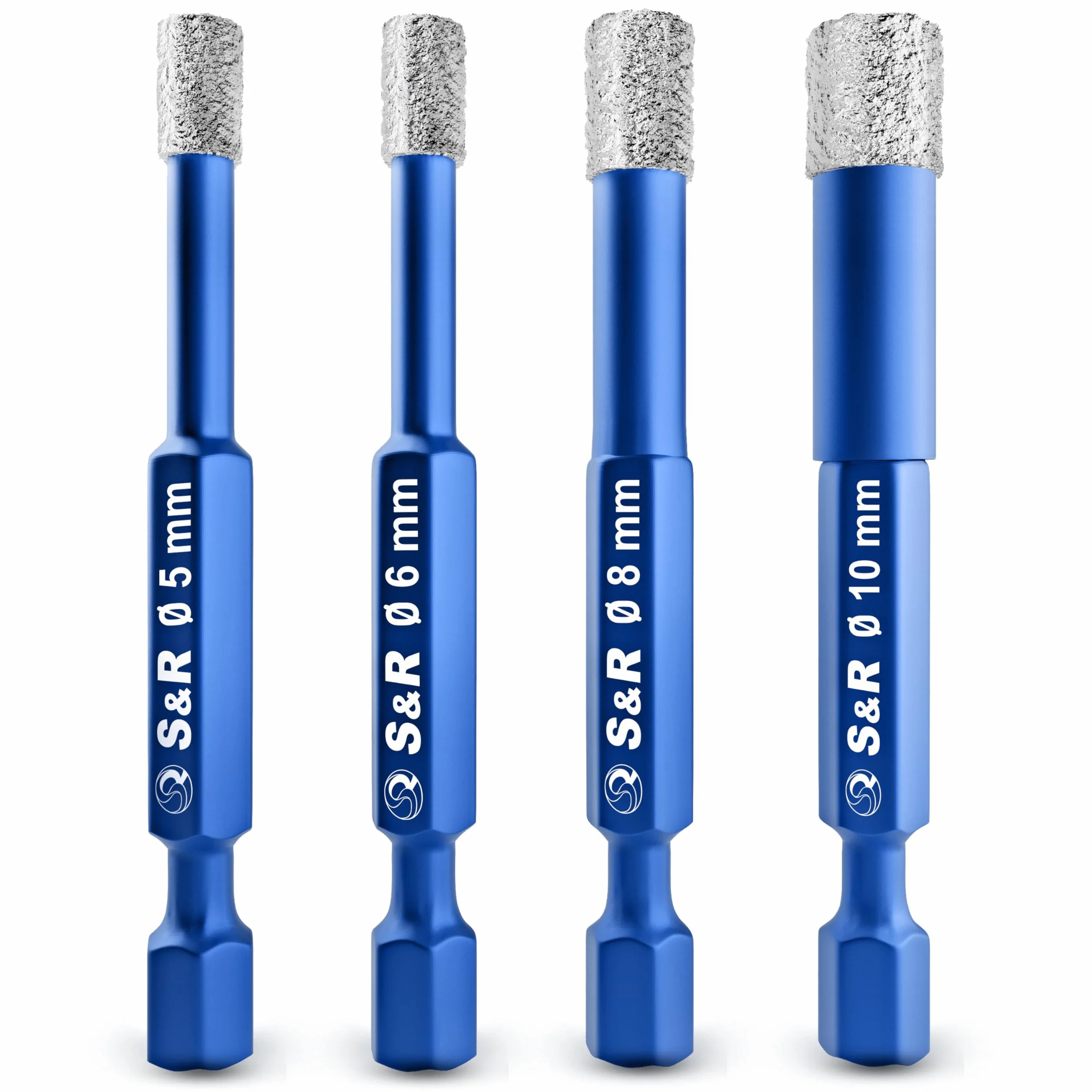 S&R wiertło diamentowe, wiertło do płytek, zestaw wierteł do szkła 4 szt. 5, 6, 8, 10 mm, chwyt sześciokątny, do ceramiki, granitu, szkła, porcelany, płytek, gresu, muru, marmuru