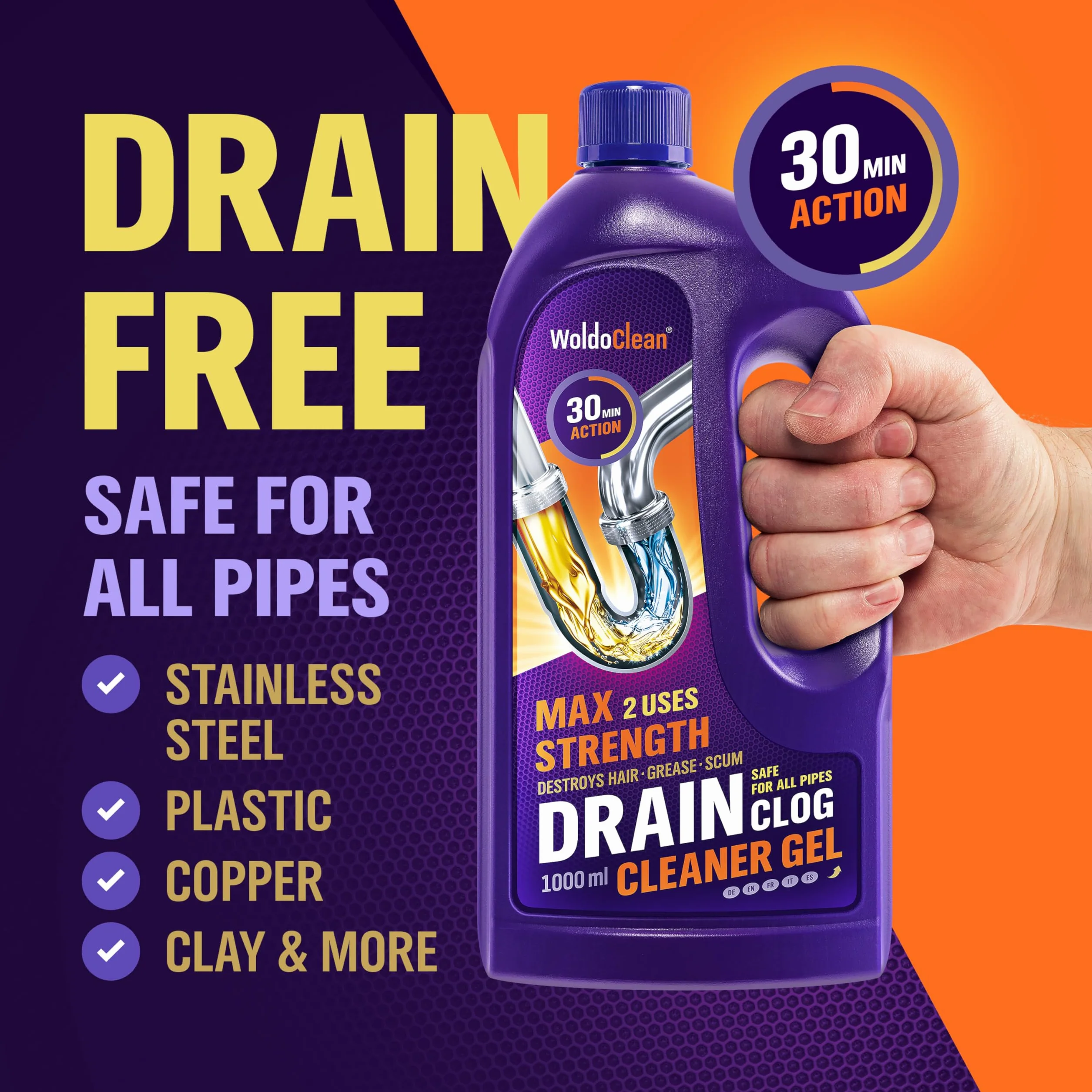 WoldoClean Żel do udrażniania odpływów i rur 1000 ml – ekstremalnie skuteczny na włosy i tłuszcz, środek do udrażniania rur do kuchni i łazienki, do prysznica, umywalki i wanny, działa nawet przez sto