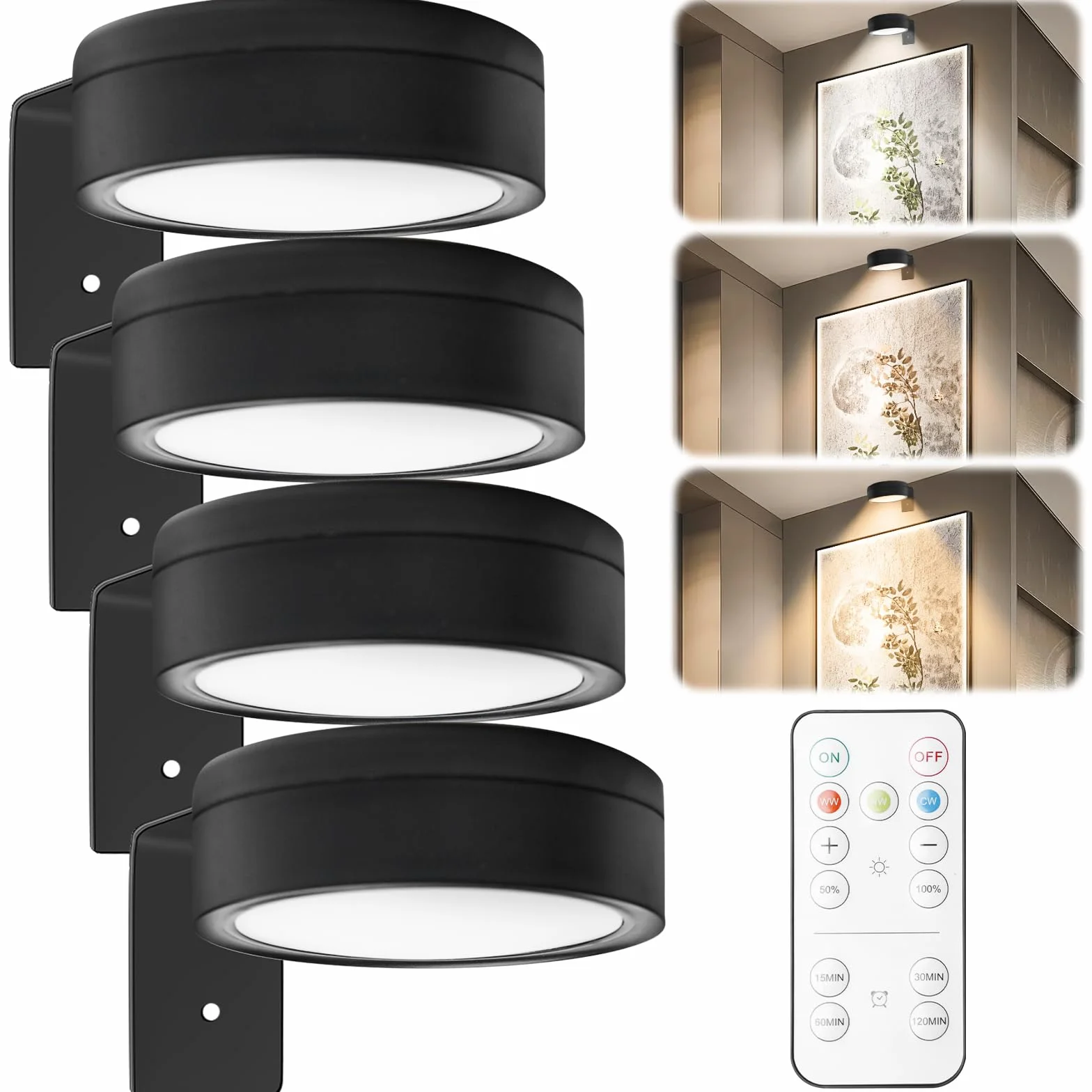 GBKDQQ Zestaw 4 lampek do obrazu, bateria z pilotem zdalnego sterowania, lampa do malowania, światło do ponownego ładowania, 3 temperatury barwowe, przyciemniane diody LED, oświetlenie akcentujące
