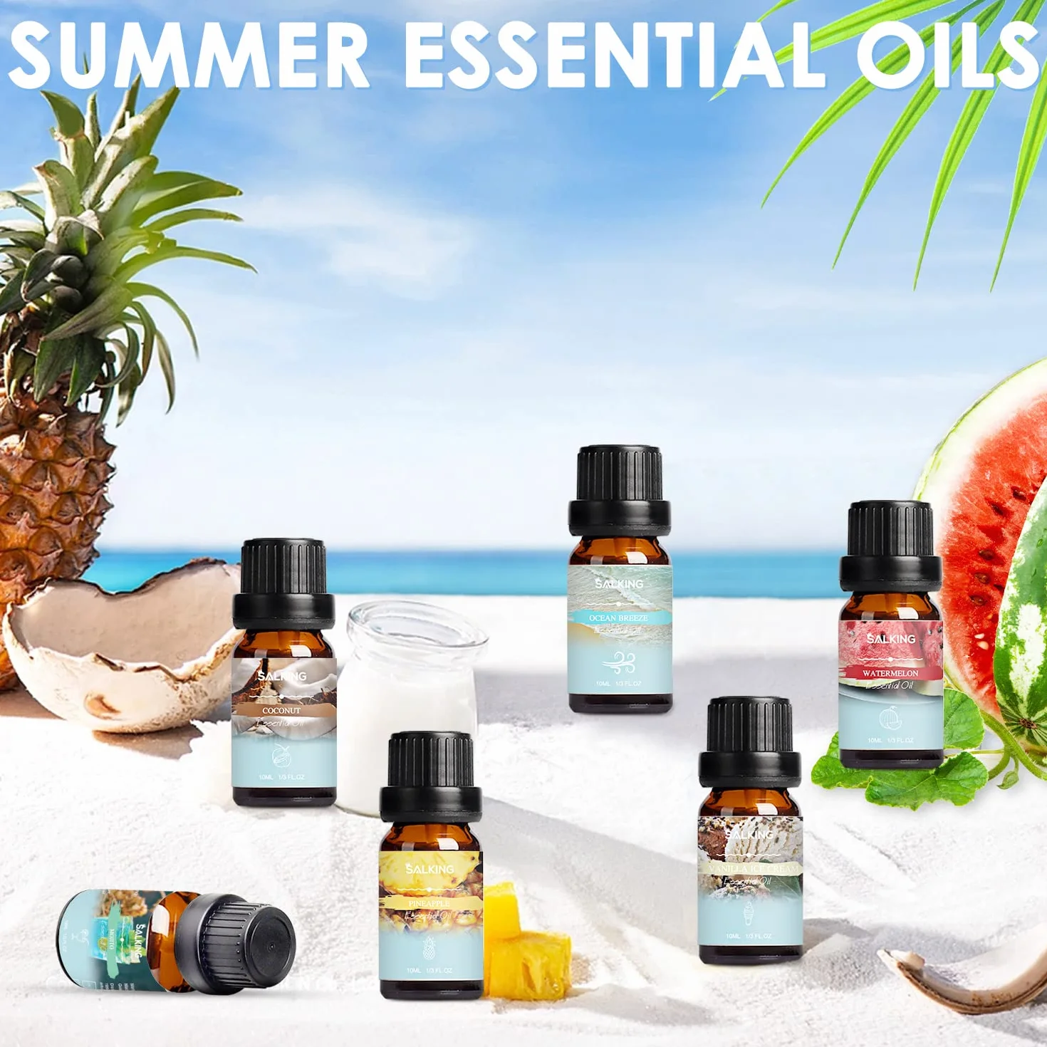 SALKING Letni zestaw olejków eterycznych, 6 x 10 ml, 100% aromaterapii, olejek zapachowy do dyfuzora, nawilżacza powietrza, masażu, kokosa, ananasa, arbuza, bryksu morskiego, mojito, lodów waniliowych