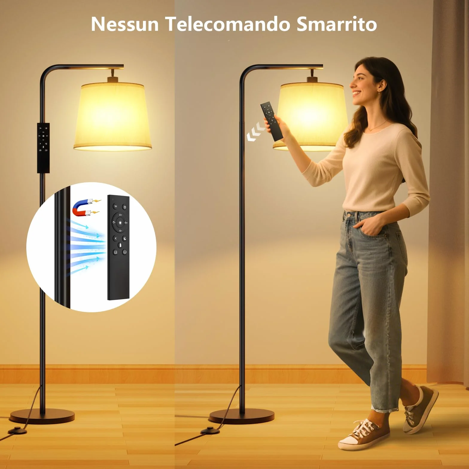 Lampa podłogowa do salonu, ściemnialna lampa podłogowa, lampa stojąca z pilotem, klosz lniany, żarówka LED E27, oświetlenie wewnętrzne do sypialni, czytania, biura