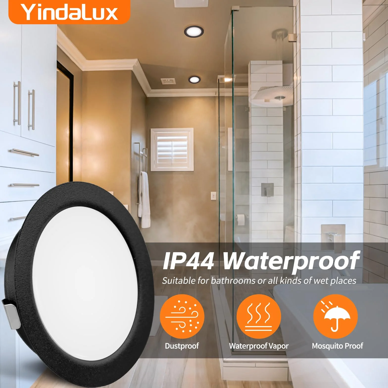 YindaLux Zestaw 6 reflektorów LED do zabudowy, 230 V, 3 W, 3000 K, ciepła biel, reflektor LED, ultra płaski, 300 lm, otwór 55-58 mm i 15 mm, płaski, IP44 lampa do zabudowy meblowej LED do szafki z