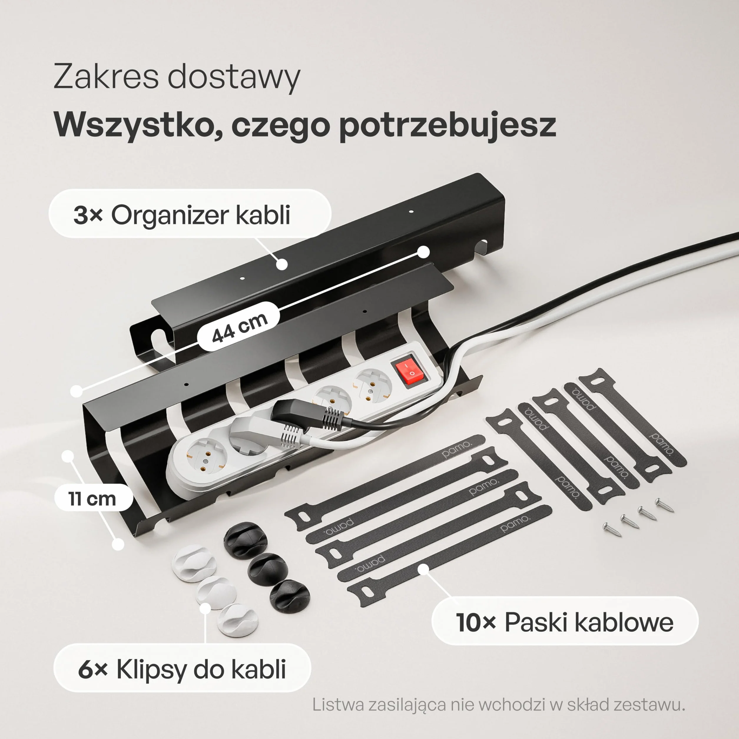 PAMO kanał kablowy na biurko czarny 2 sztuk z opaskami kablowymi na rzepy