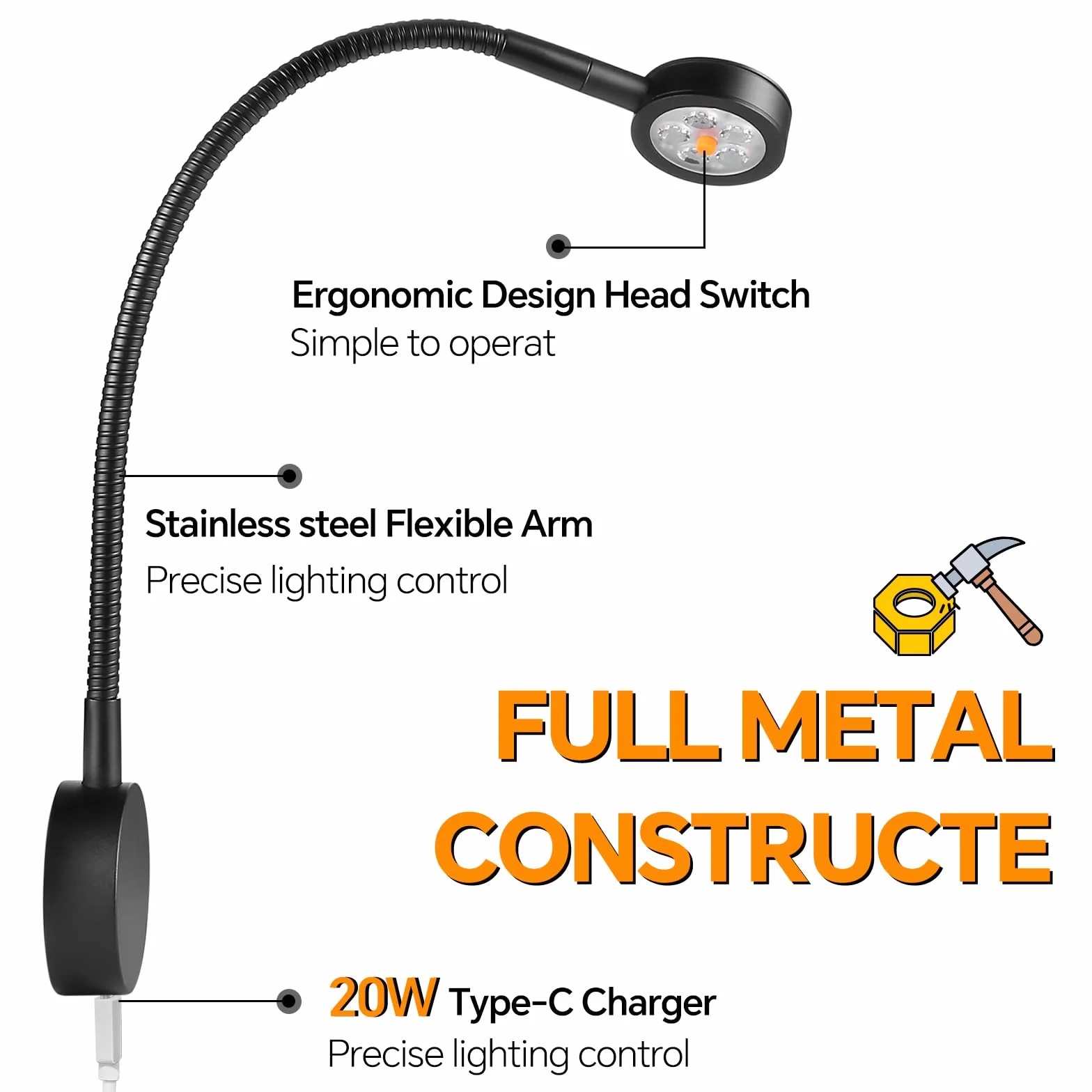 Lampa do czytania 12V przyciemniana DC12-24V 3200K z ładowarką typu C i czerwoną lampką nocną Czarny