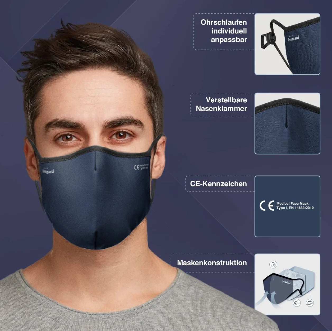 Livinguard – PRO MASK | 3-warstwowa maska na twarz | regulowana, nadaje się do prania, wielokrotnego użytku (rozmiar M, kolor czerwony Cosmic Red)
