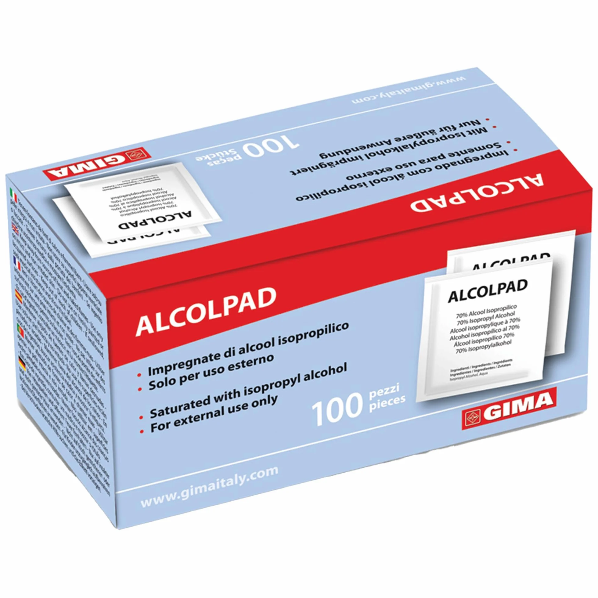 Gima - Alcomed Alkohol Pads, Tampony nasączone 70% alkoholem izopropylowym, do dezynfekcji skóry, pudełko 100 padów, 36598