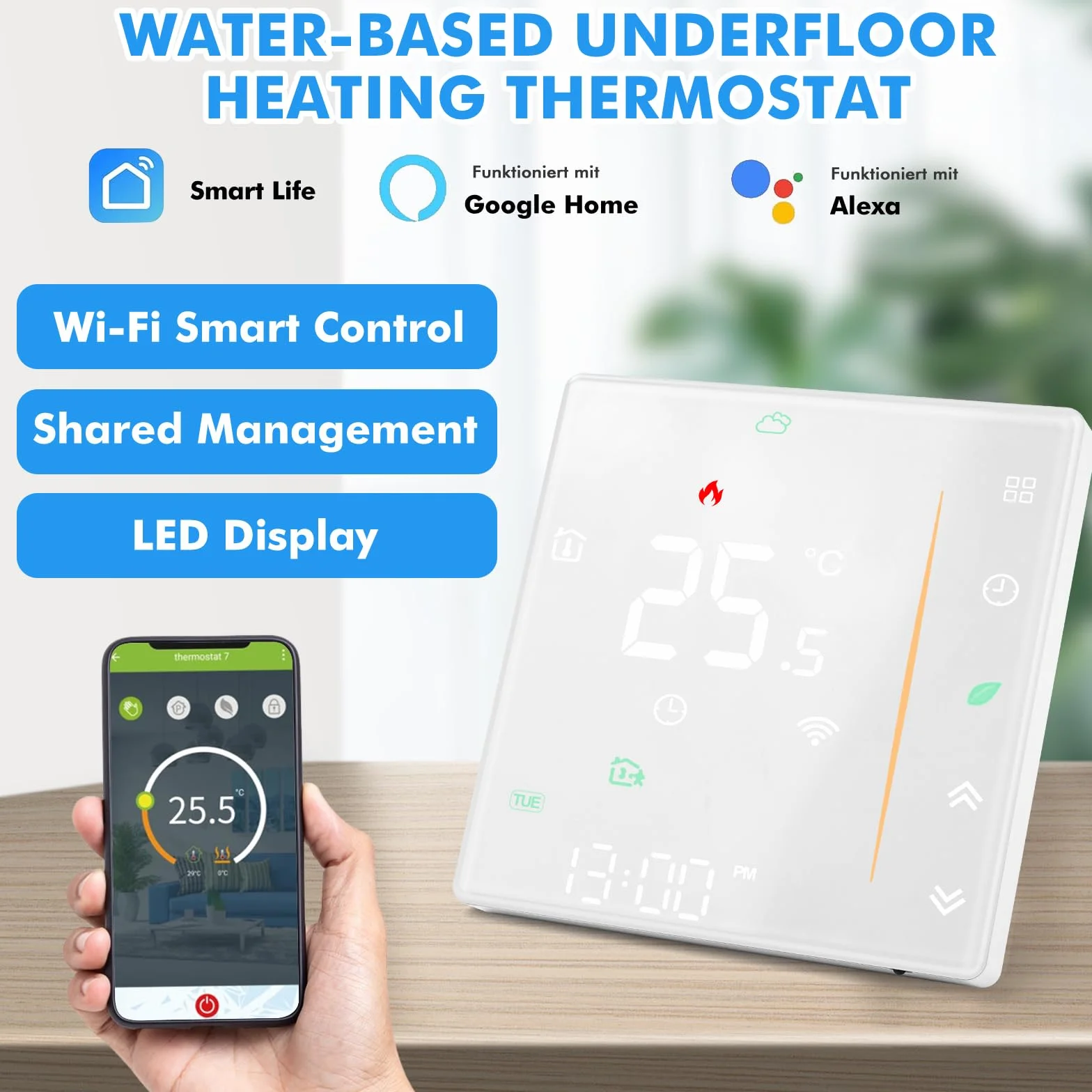 Inteligentny termostat WiFi do kotła grzewczego gazowego, termostat, cyfrowy termostat pokojowy do ogrzewania gazowego, kompatybilny z Smart Life/Google Home/Alexa, 5 A, 230 V, BHT-006GCLW