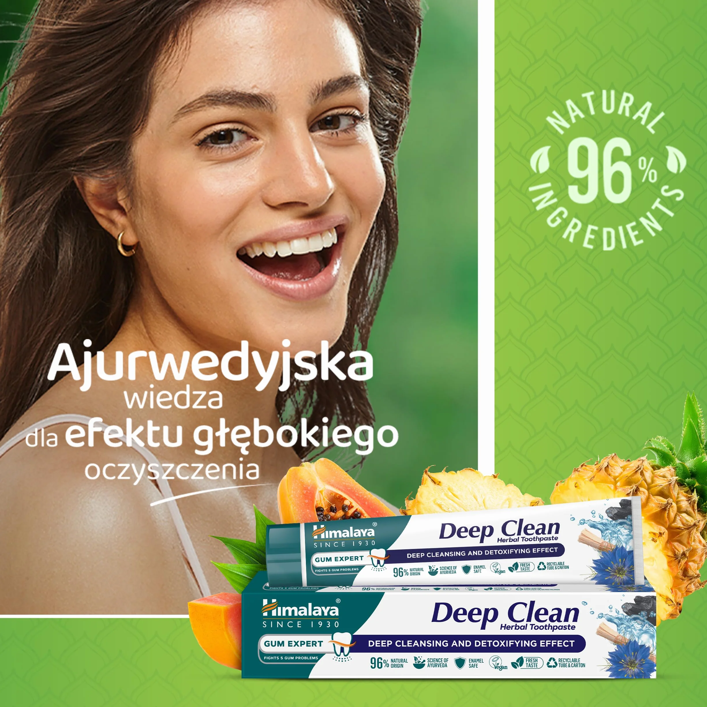 Himalaya Deep Clean Ziołowa Pasta do Zębów 75ml – Głęboko Oczyszczająca, 96% Składników Naturalnego Pochodzenia, Bez Fluoru, Technologia Enzymów Roślinnych, Z Miswakiem i Olejem z Czarnuszki