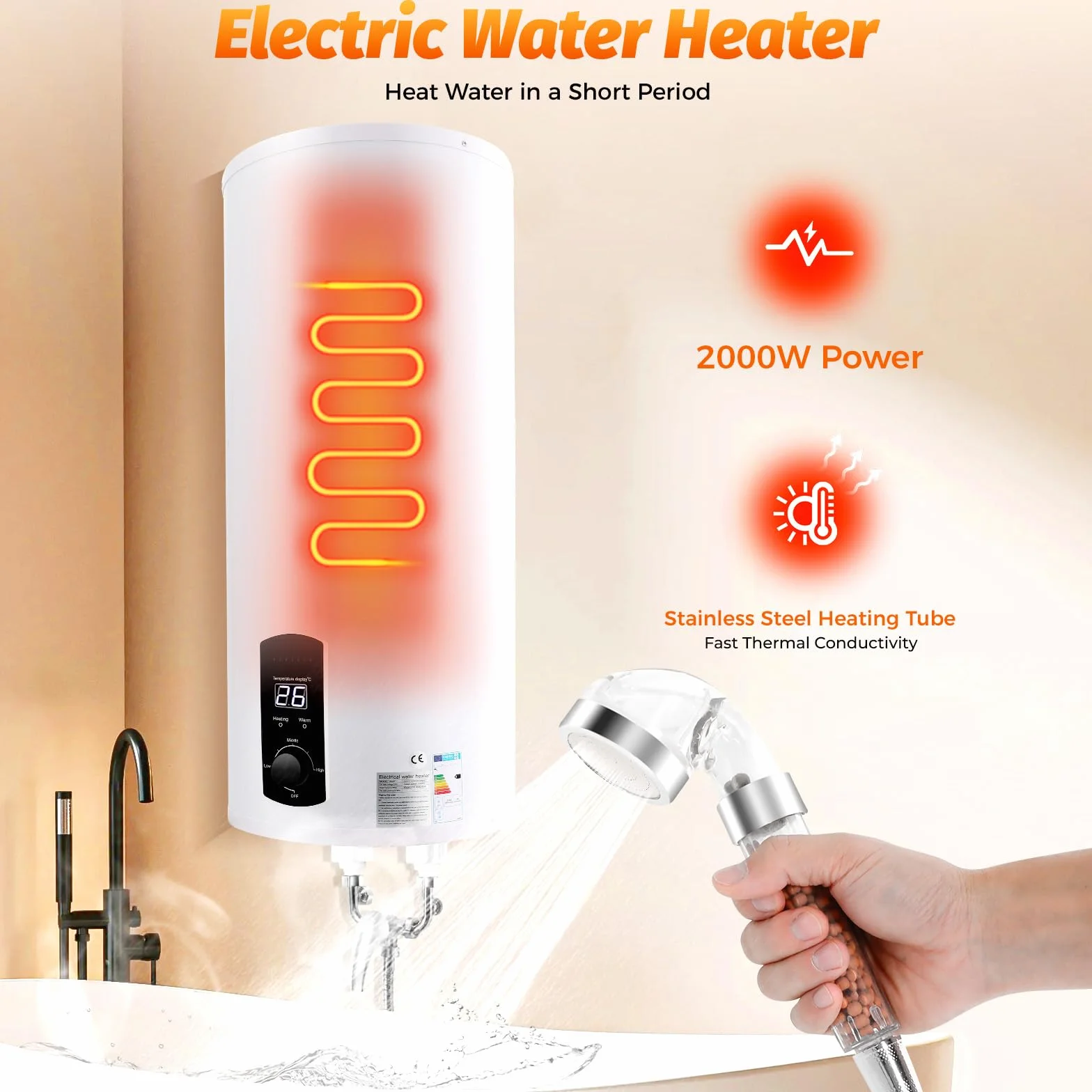 Zbiornik ciepłej wody Boiler 50L/80L/100L/120L, energooszczędny 2000 W, pionowy podgrzewacz wody, montowany na ścianie, maks. 75°C, z zabezpieczeniem przed wyciekiem, wtyczka G1/2 (100 l)
