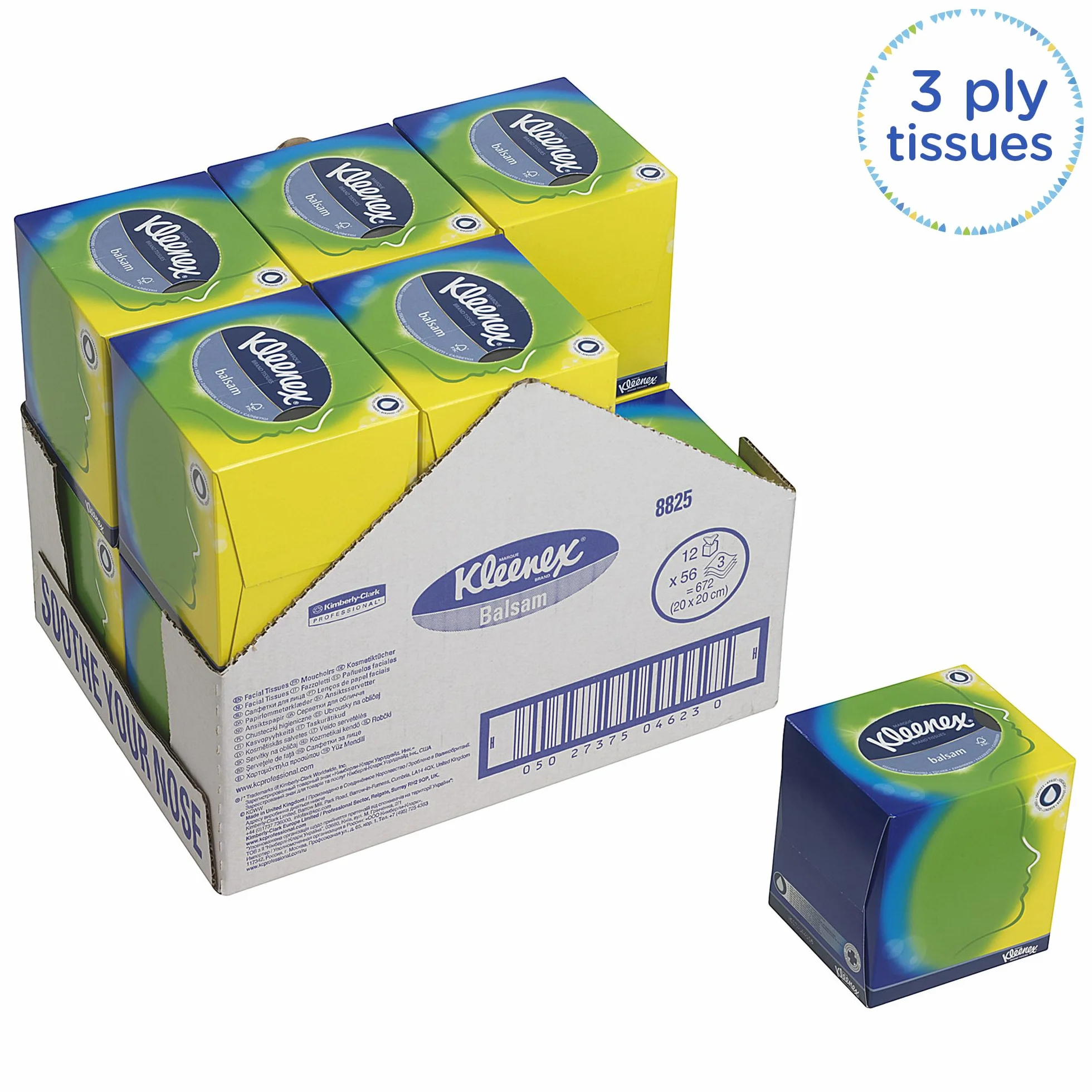Chusteczki do twarzy w kostce Kleenex 8825 — białe, 3-warstwowe, 12 x 56 (672 arkusze)
