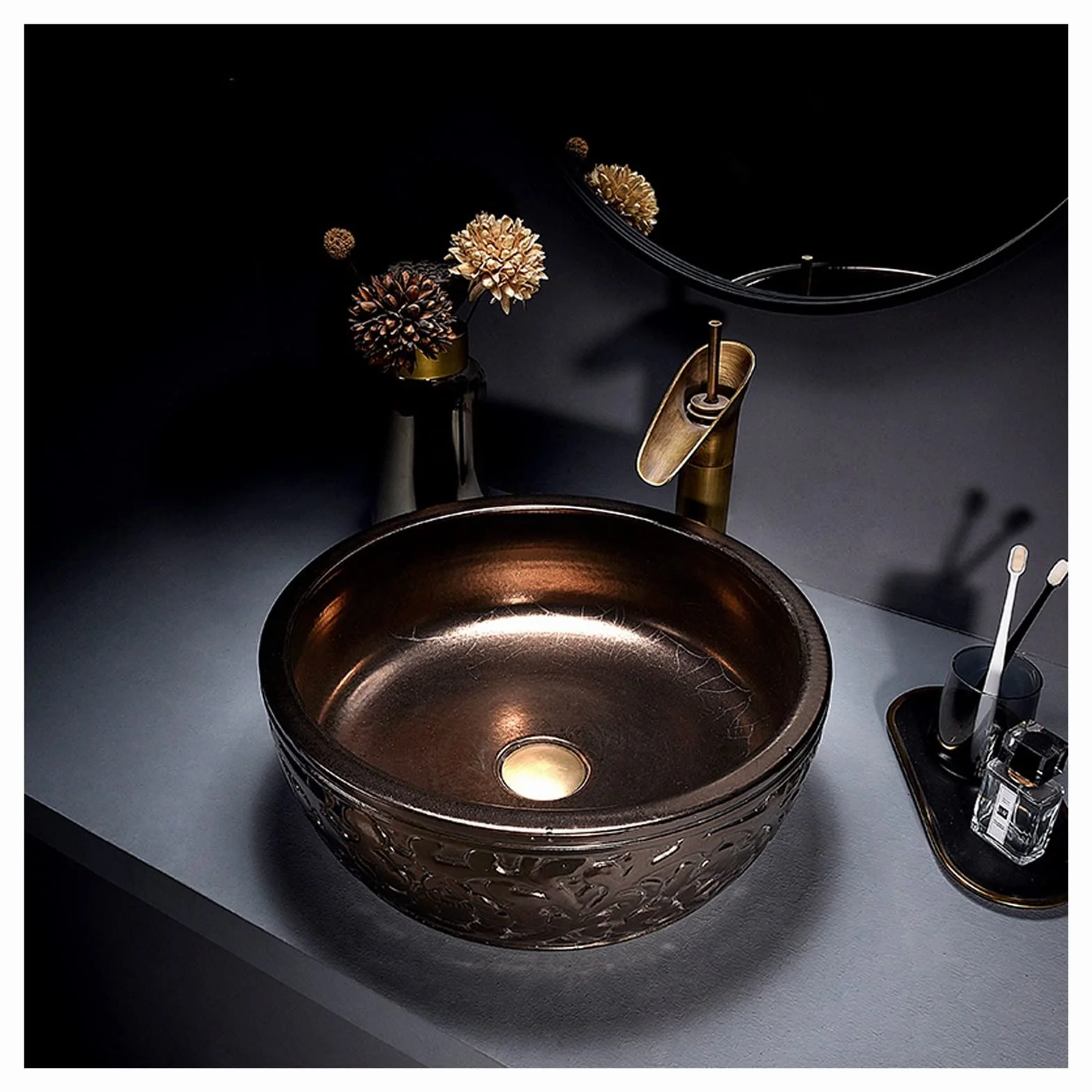 Zestaw Z Okrągłą Umywalką Nablatową I Baterią, Kreatywna Umywalka Łazienkowa Z Porcelany Z Metalową Glazurą, Umywalka Nablatowa Ceramiczna Do Łazienki W Barze