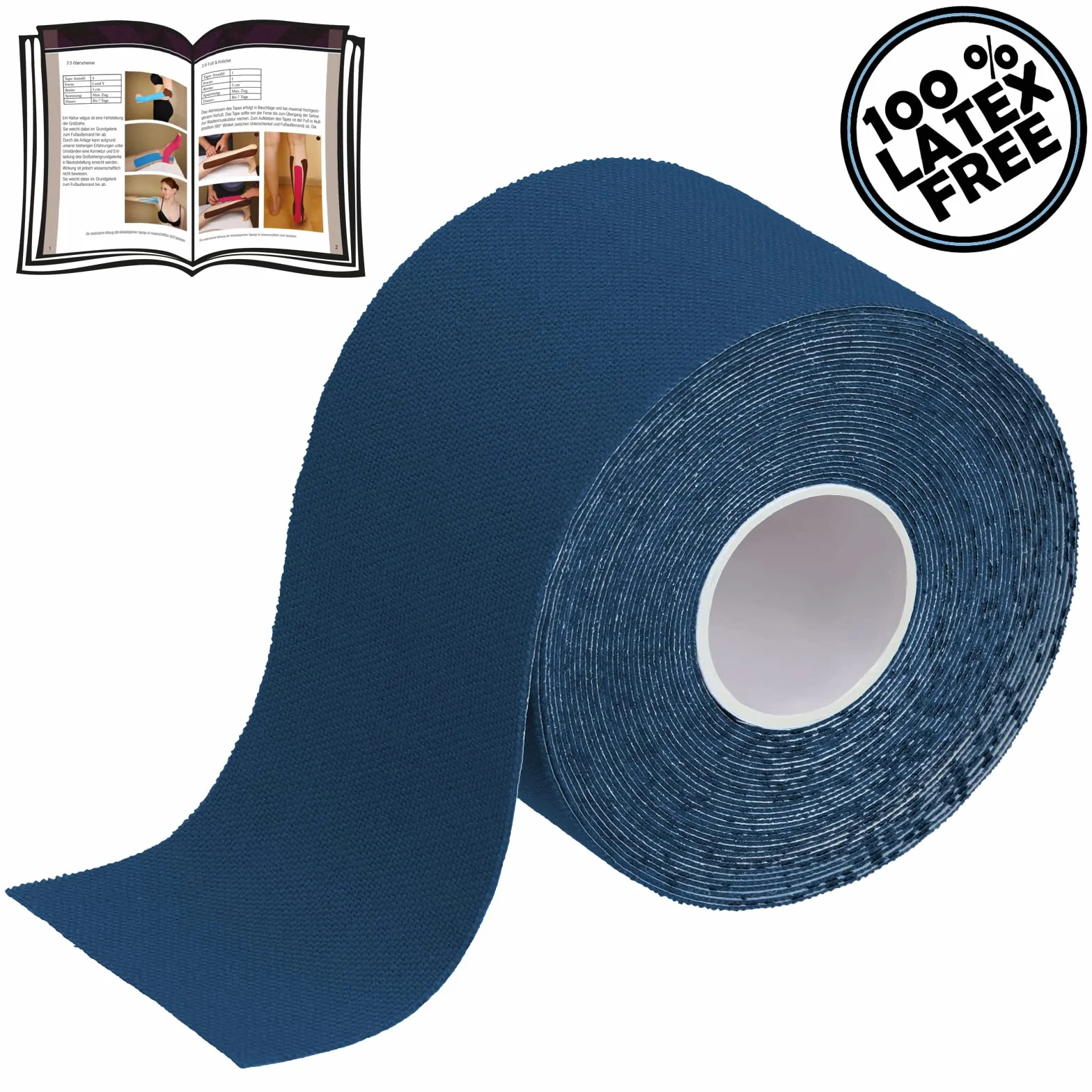 BB Sport 1 x rolka taśmy kinezjologicznej 5 m x 5,0 cm w wielu kolorach do wyboru E-book broszura z informacją jak stosować elastyczne plastry zestaw 1 sztuka set taśma plastry tejpy, Kolor:ciemnoniebieski