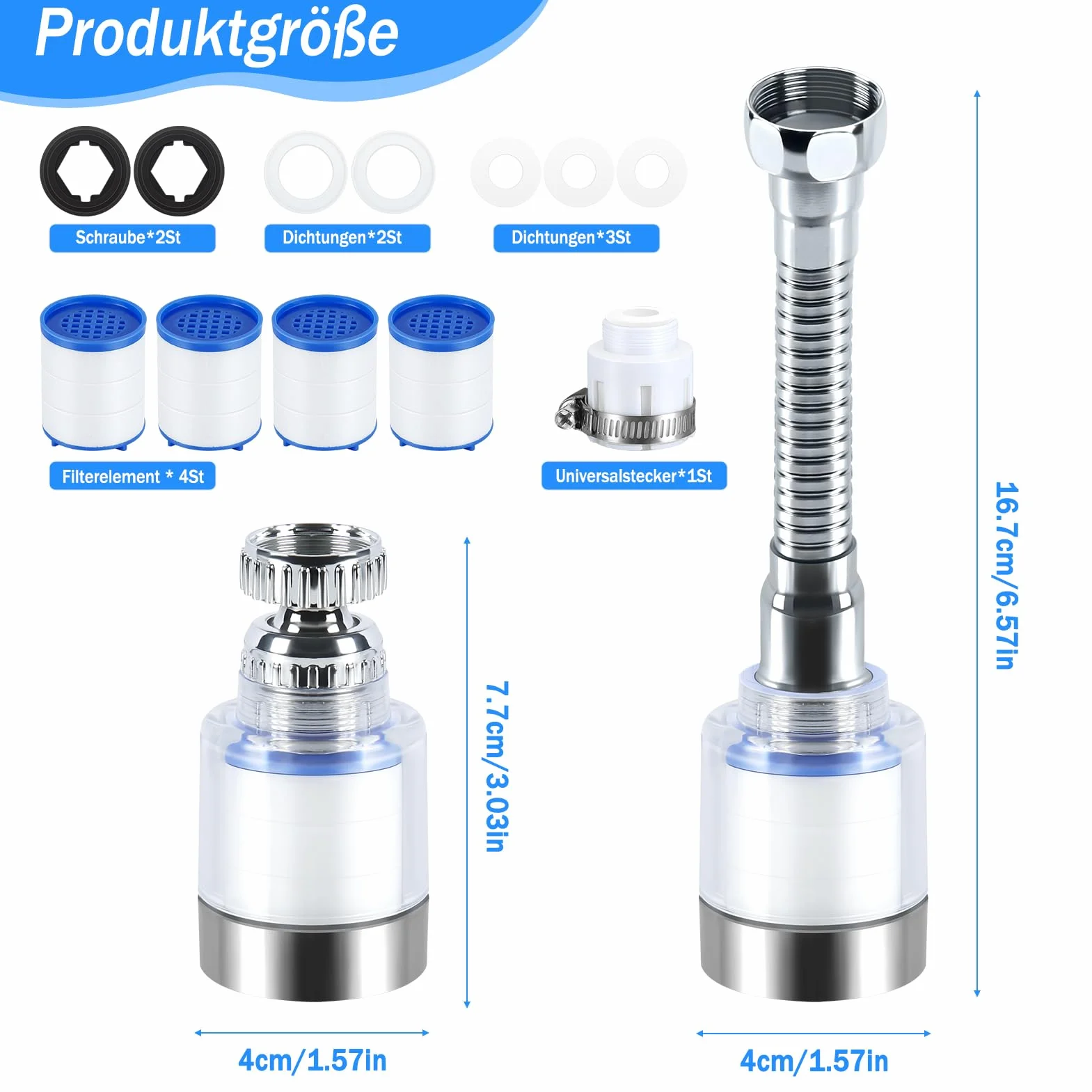 2 sztuki filtrów do wody, kran, filtr do wody pitnej, 360° filtr wody z kranu z 4 wkładami filtrującymi do wody, do kuchni, łazienki