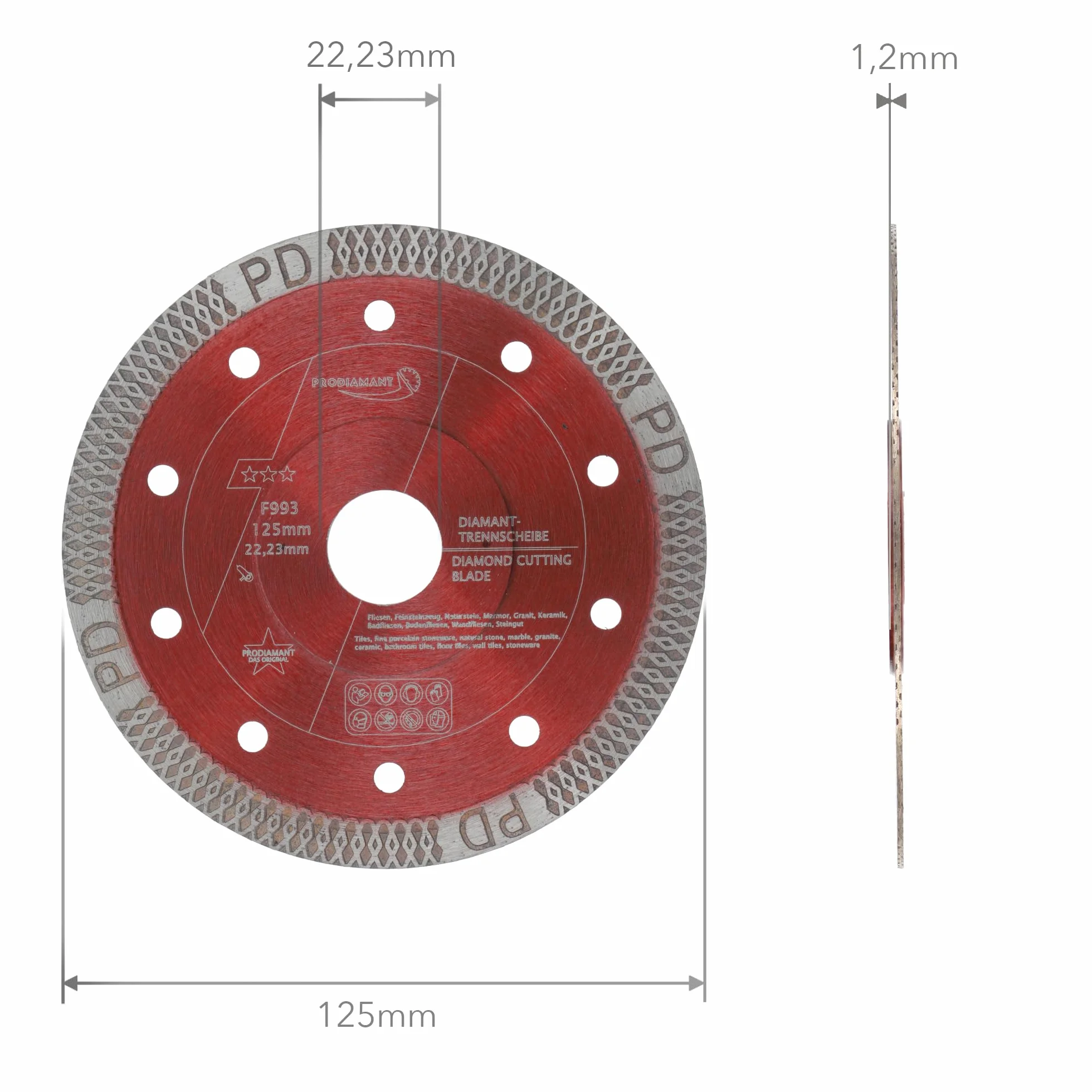 PRODIAMANT® F993 Diamentowa tarcza do płytek [125 mm x 22,23 mm] – Tarcza tnąca do płytek, gresu, marmuru i kamienia naturalnego – Bardzo cienka tarcza diamentowa – Do szlifierek kątowych M14