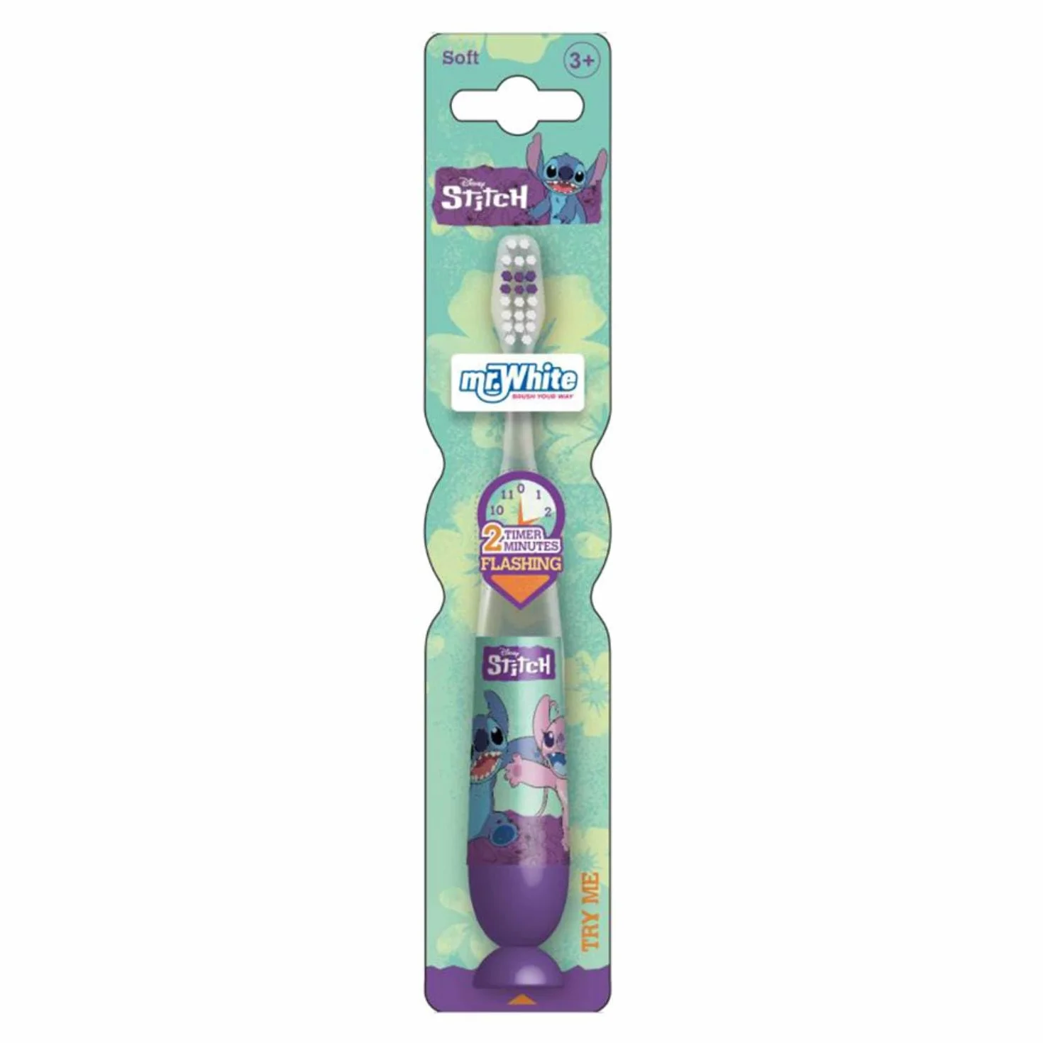Disney Stitch migająca szczoteczka do zębów dla dzieci z 2-minutowym migającym światłem, wygodnym uchwytem, miękkim zaokrąglonym włosiem i przyssawką do pionowego przechowywania dla dzieci w wieku od
