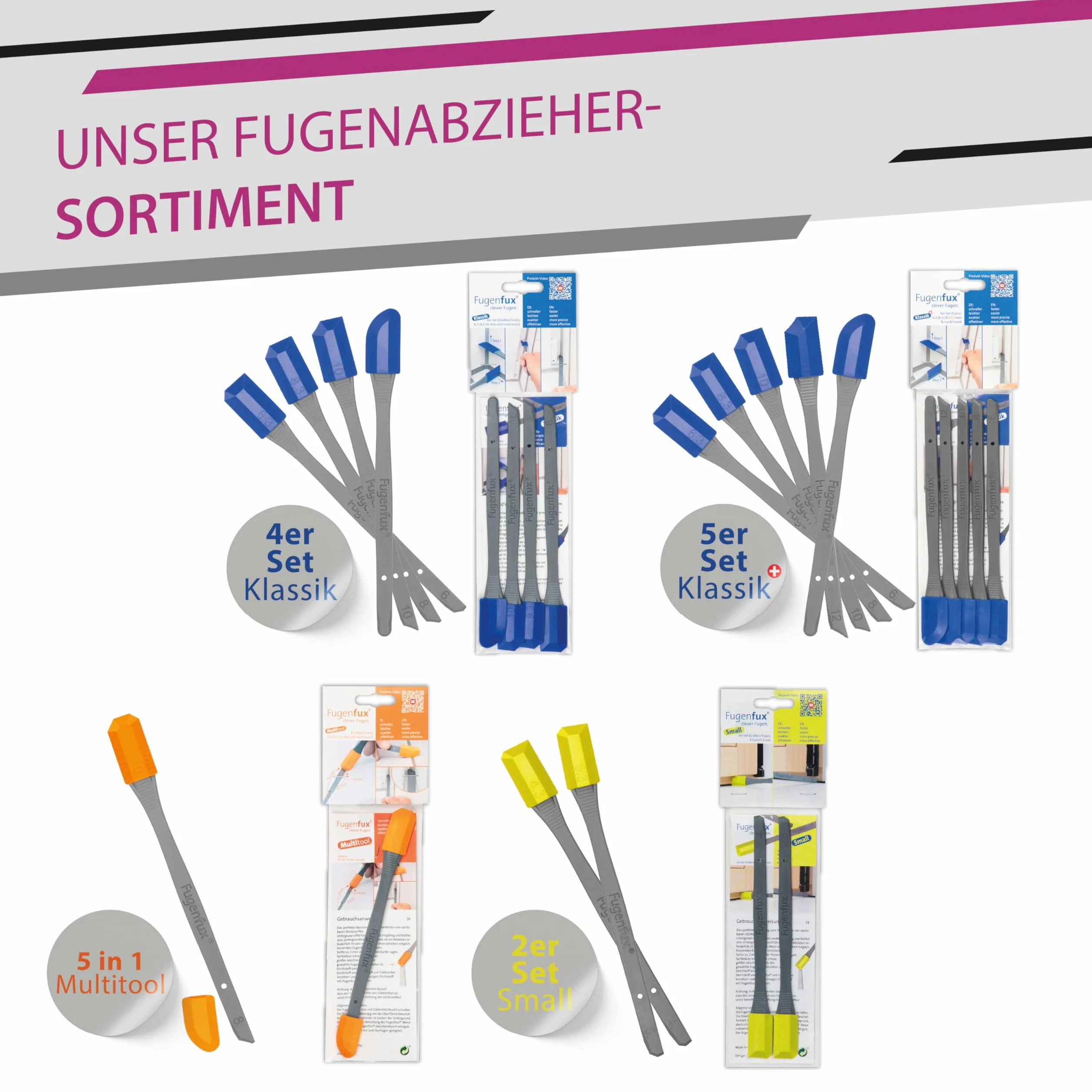FUGENFUX® DIAGO 4-częściowy zestaw do fug – ściągacz do wąskich miejsc, silikonu, akrylu, Made in Germany
