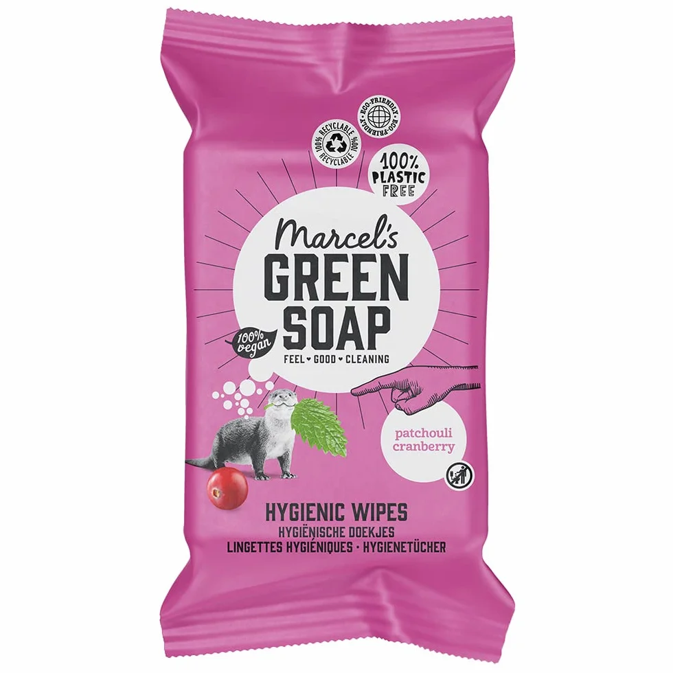 Marcel's Green Soap Higieniczne chusteczki nawilżane – biodegradowalne chusteczki – paczula i żurawina – na bazie roślin – przyjazne dla środowiska chusteczki czyszczące – opakowanie 60 sztuk