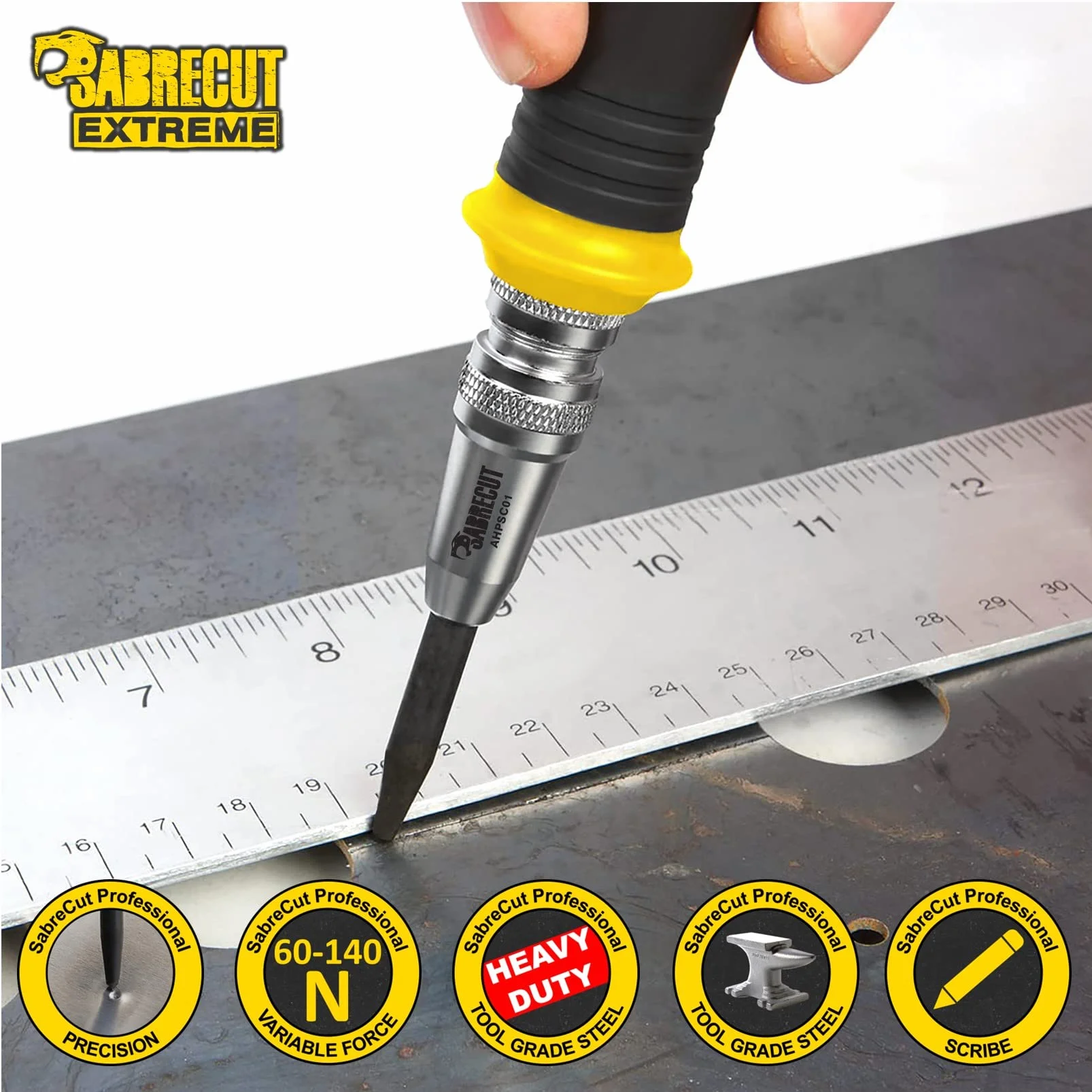 1 sztuka SabreCut AHPSC01 Heavy Duty automatyczny dziurkacz centralny z regulowaną siłą uderzenia 60-140 niutonów nadaje się do metalu, drewna, tworzywa sztucznego i wielu innych materiałów