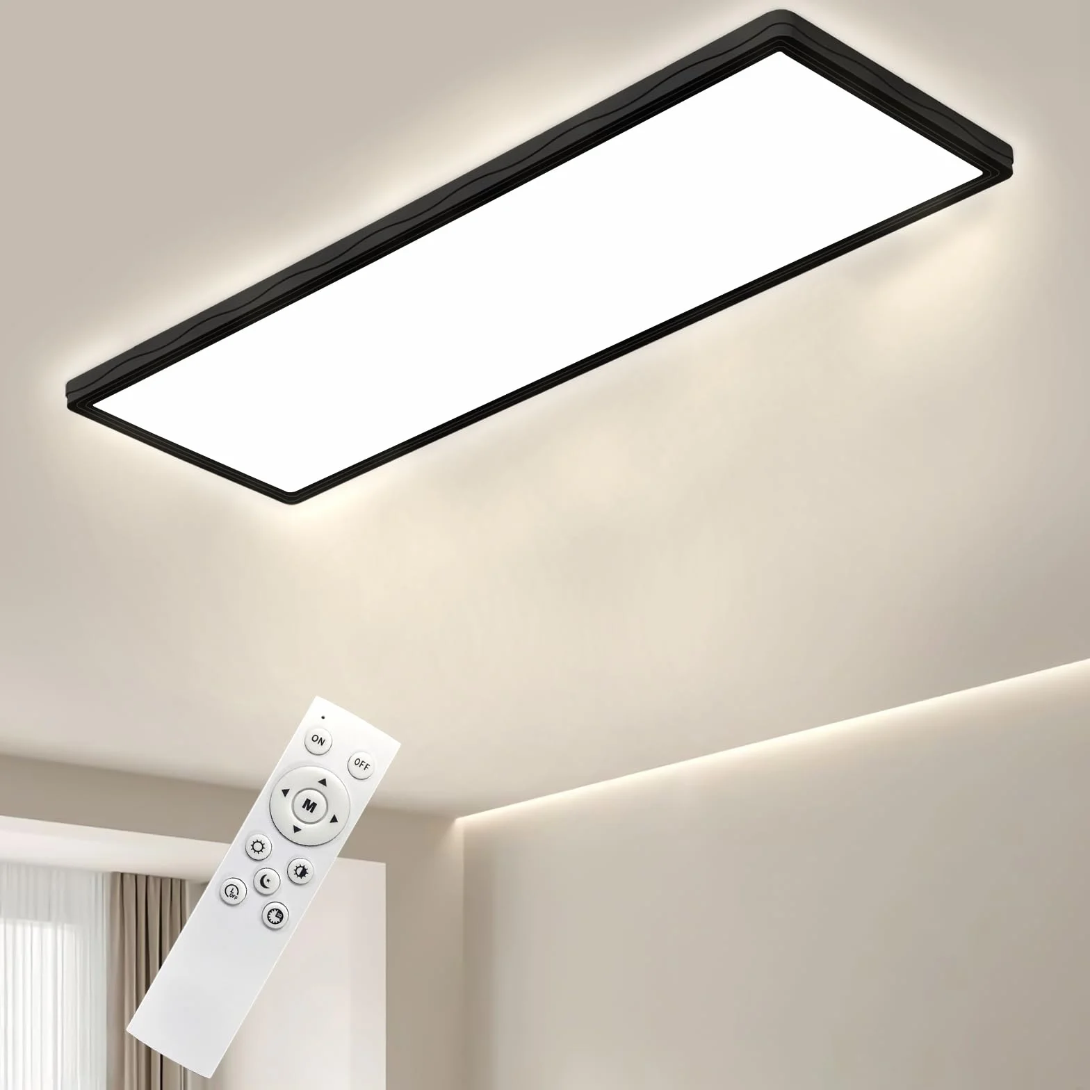 Bowfar Lampa sufitowa LED, prostokątna lampa sufitowa z pilotem, ściemnialna w zakresie 3000–6500K, ultracienki panel LED 24W z podświetleniem do sypialni, biura, łazienki, 58 * 20 * 2,5 cm – czarny