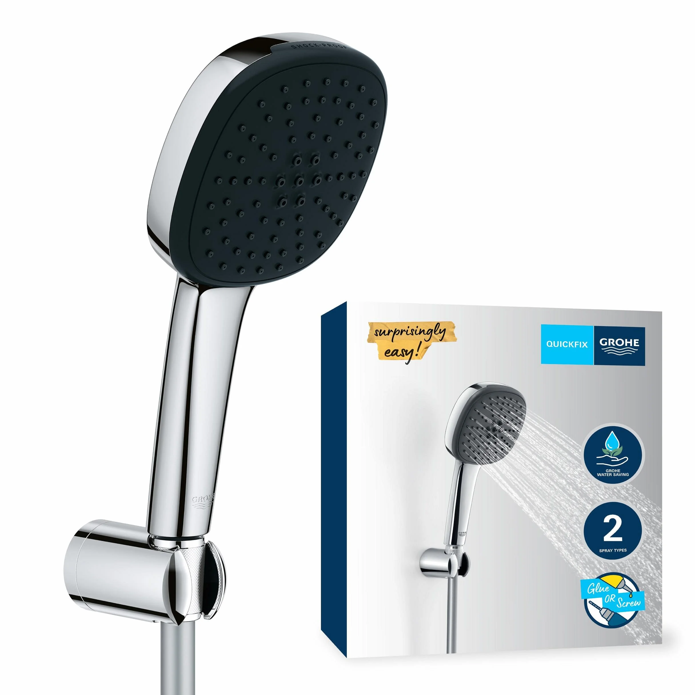 GROHE Vitalio Comfort 110 zestaw uchwytów ściennych (oszczędność wody, słuchawka prysznicowa, 2 rodzaje strumienia, wąż prysznicowy 1.750, uchwyt prysznicowy, wiercenie lub klejenie), chrom, 26399001