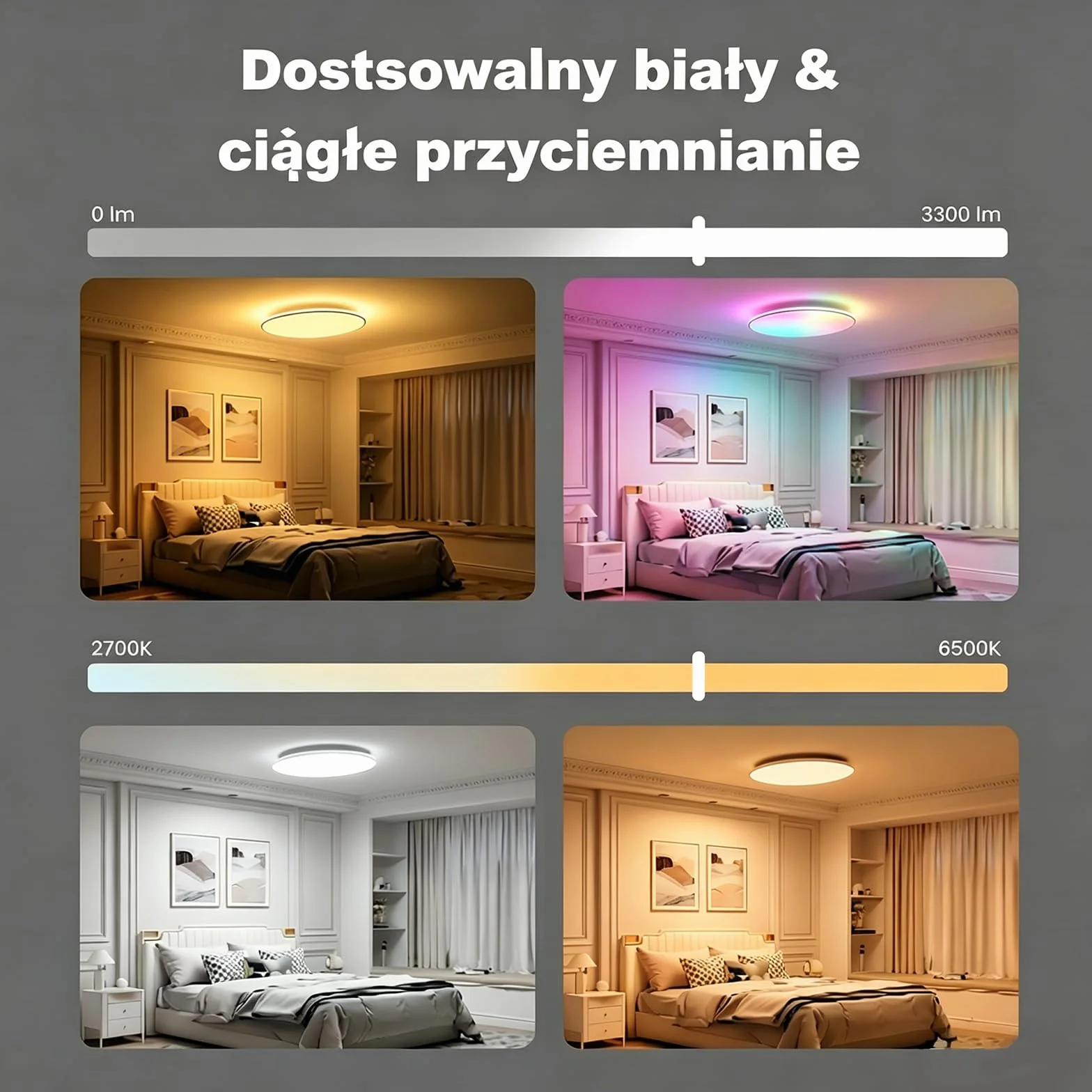 Yeelight Inteligentna Lampa Sufitowa LED 60 cm, 50 W, 4800 lm, RGBCW, Ściemnialny Plafon Smart WiFi, 16 mln Kolorów, 2700–6500 K, Szybki Montaż, Sterowanie Aplikacją, Alexa i Google Assistant