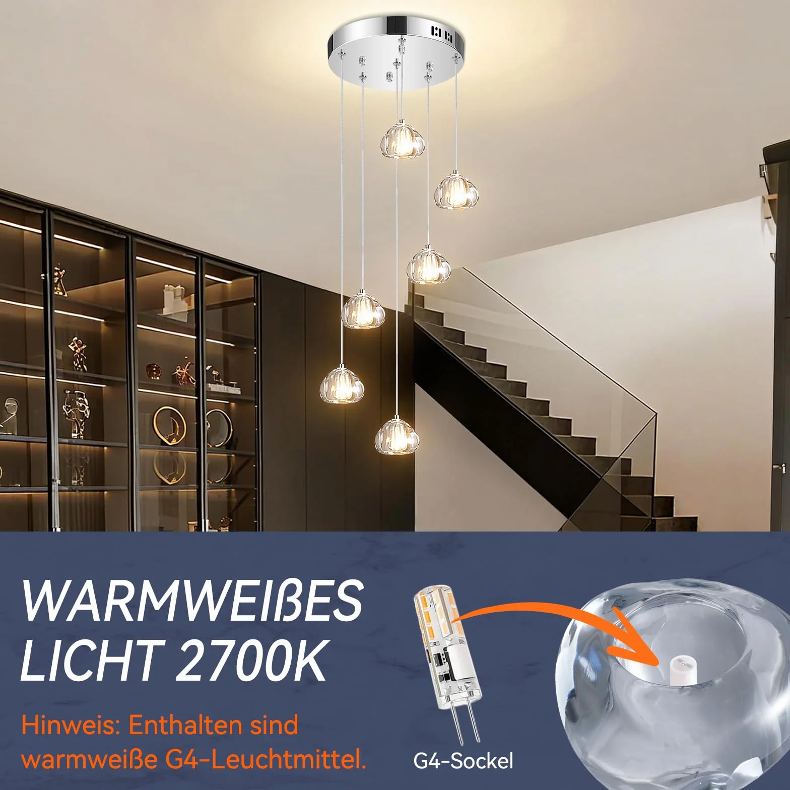 H.W.S Nowoczesna lampa wisząca LED, żyrandol Villa, regulowana wysokość, lampa wisząca szkło, do salonu, jadalni, przedpokoju, schodów, hotelu (6-punktowa, Okrągła, Chrom)