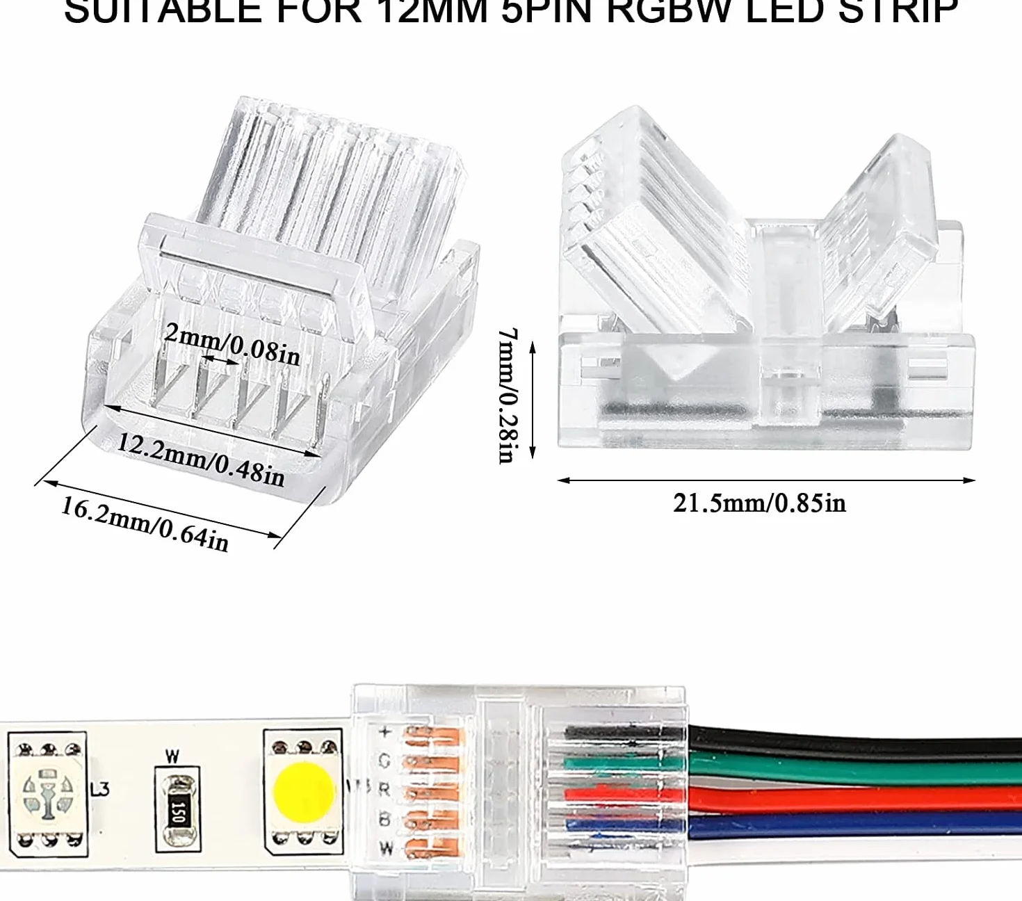 RUNCCI-YUN 20 sztuk złącza taśmy LED 5-pinowe 12 mm, złącza taśm LED bezołowiowe, 5-pinowe kable połączeniowe, na 12 mm szerokość paska SMD 5050 RGBW LED 5V 12V 24V (przezroczysty)