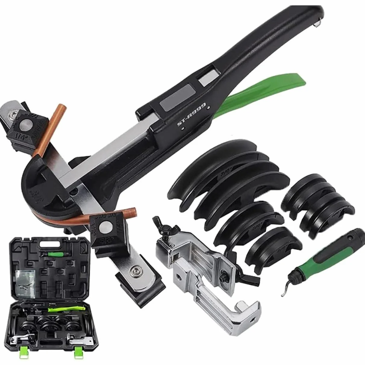 Ręczna giętarka do rur miedzianych z grzechotką, zestaw do gięcia rur miedzianych 1/4"-7/8", zestaw do ręcznej giętarki do rur 90° z 7 matrycami do klimatyzatorów, lodówek