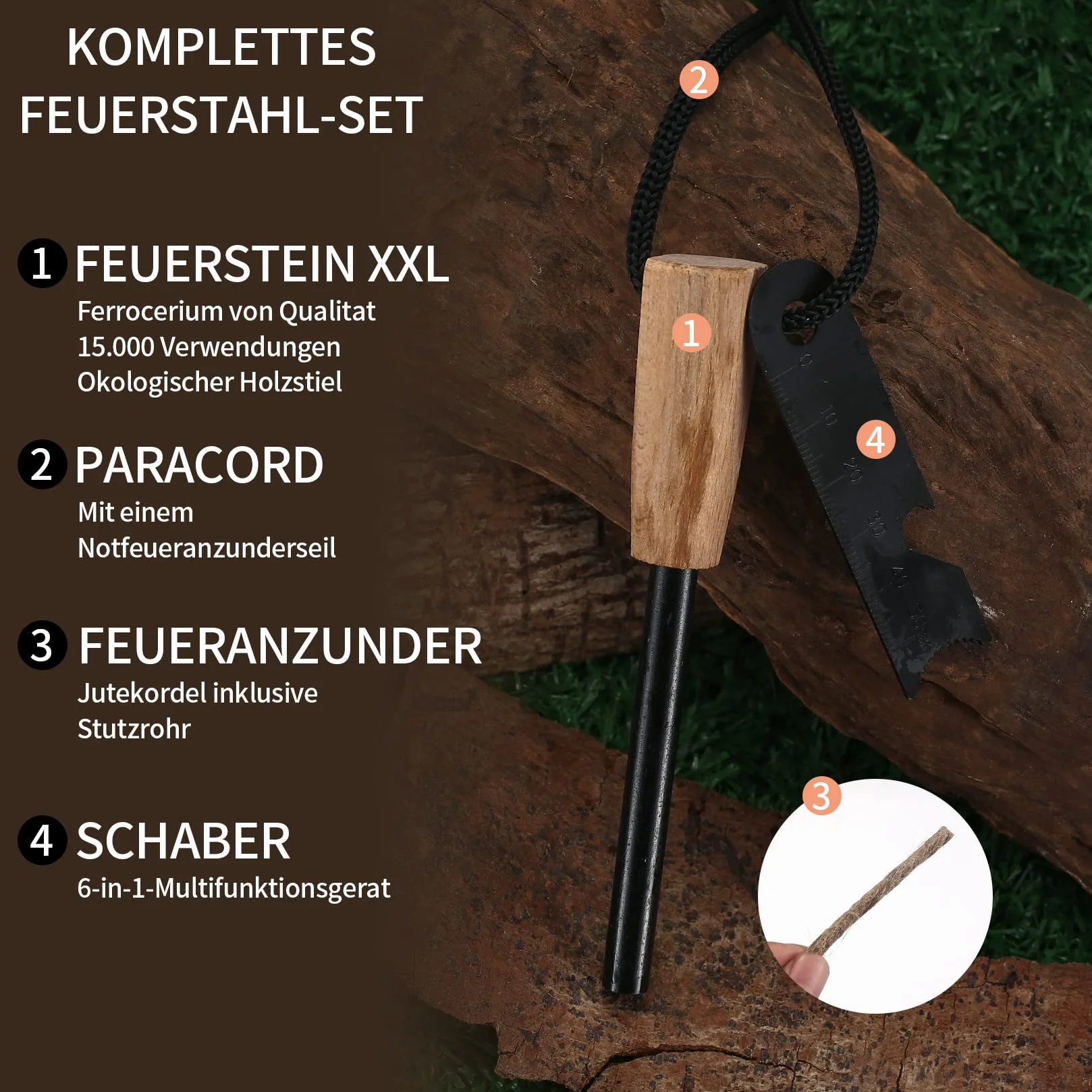 Krzesiwo survivalowe, krzesiwo outdoorowe, magnezowy starter do ognia zestaw survivalowy, krzesiwo z drewnianą rączką, z zestawem podpałek do użytku na zewnątrz, bushcraft, kemping, wędrówki, ognisko