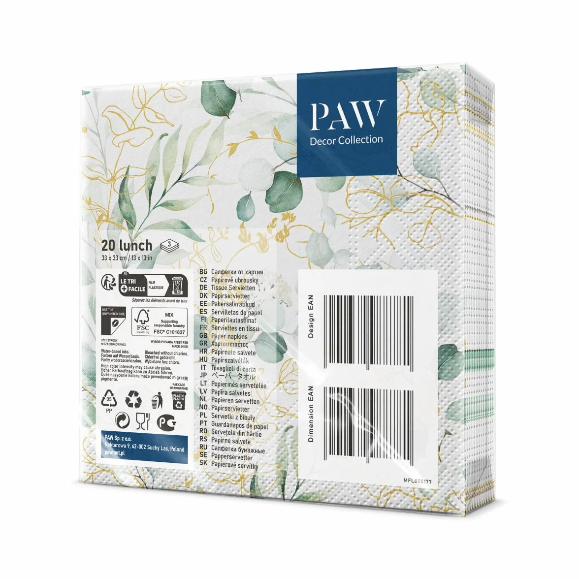 Paw - Serwetki papierowe 3-warstwowe (33 x 33 cm) I 20 szt. Idealne na urodziny, imprezy, wesela, komunię i uroczystości, dekoracja stołu, kolorowe serwetki papierowe I złoty eukaliptus
