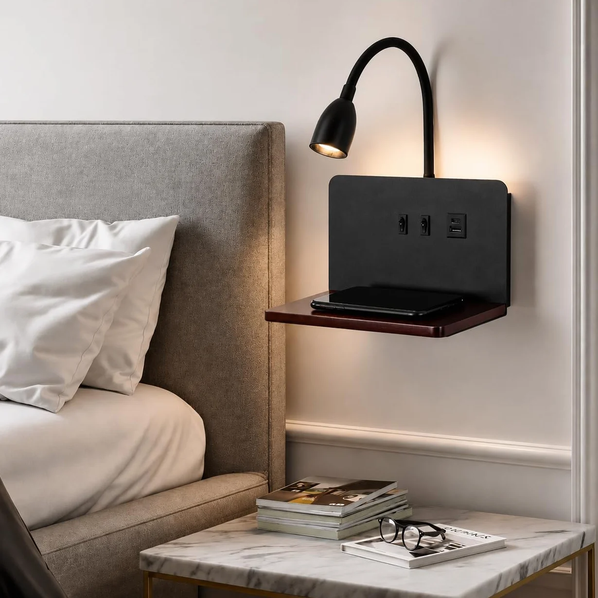 Lampa ścienna LED z wtyczką, portami USB i bezprzewodową ładowarką, regulowana, 3000 K