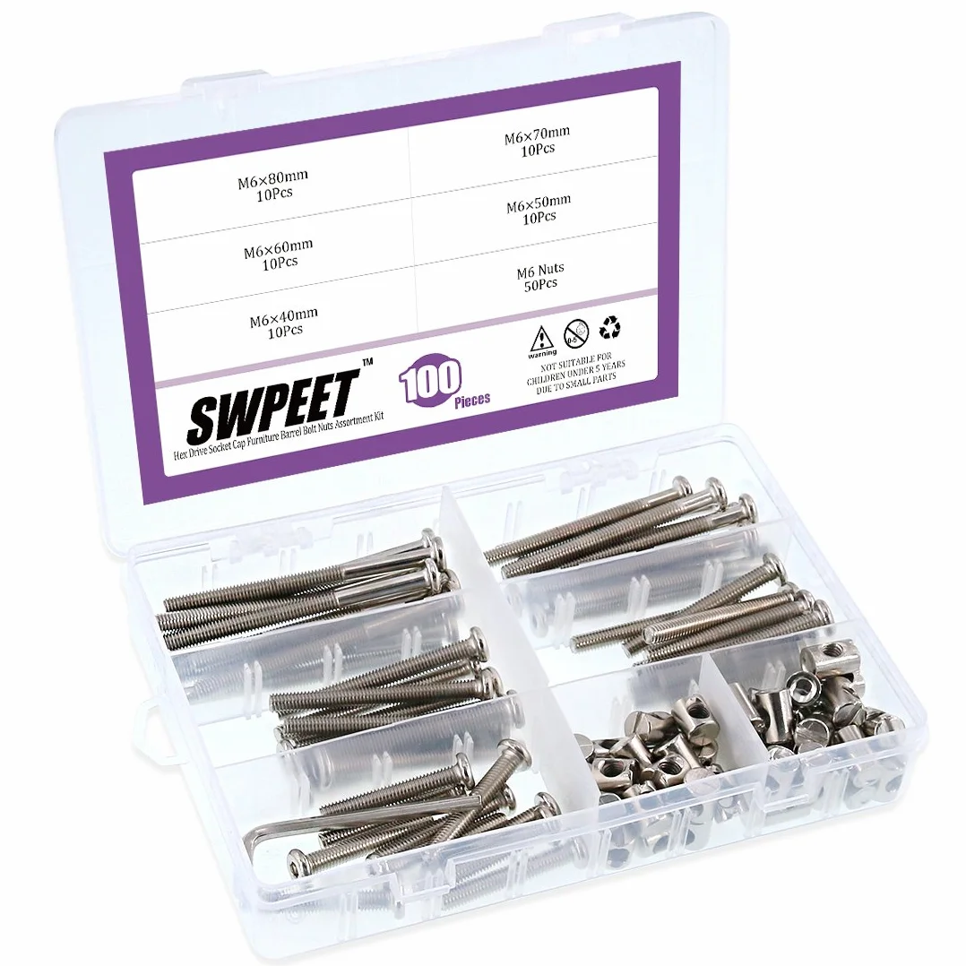 Swpeet 100 szt. śrub do łóżeczka dziecięcego, niklowane, M6 × 40/50/60/70/80 mm, śruba z gniazdem sześciokątnym, śruba do łóżeczka dziecięcego i nakrętki beczki z 1 x kluczem imbusowym, idealne do