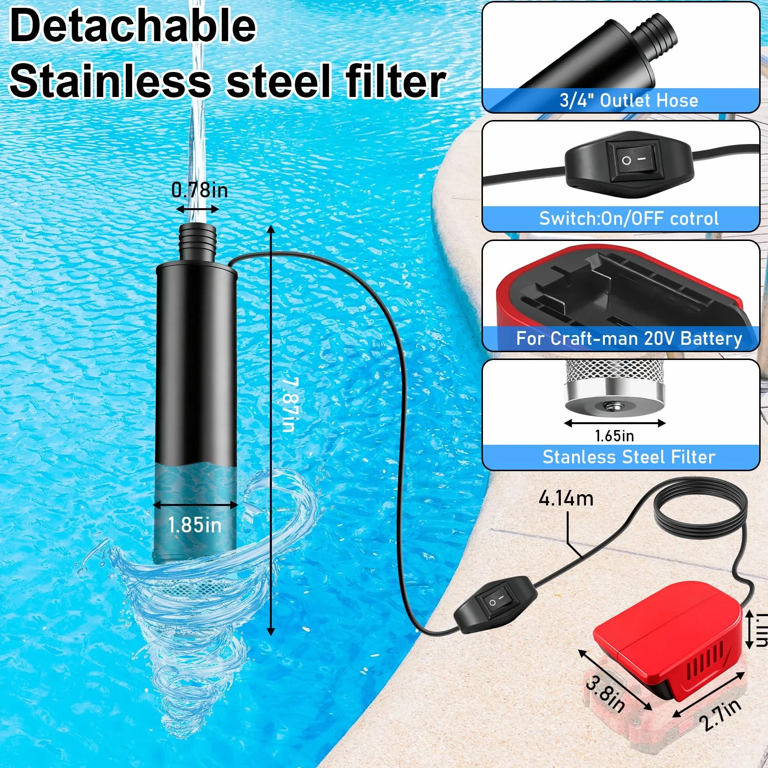 Mini pompa wodna do akumulatora litowo-jonowego Einhell PXC 18 V, 30 l/min, 4500 obr./min, pompa głębinowa do akumulatora Einhell 18 V, pompa do brudnej wody, do ogrodu, jacuzzi, zbiornika