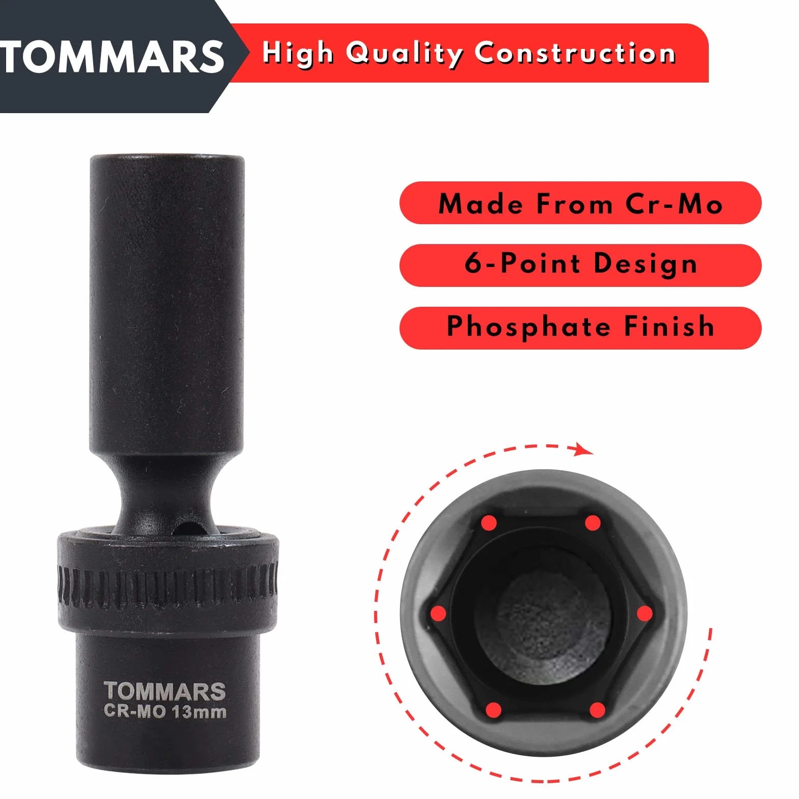 TOMMARS Uniwersalny zestaw nasadek udarowych 3/20.3 cm, głębokie, 6-punktowy zestaw elastycznych gniazd, metryczny, 10-19 mm, stal CR-MO