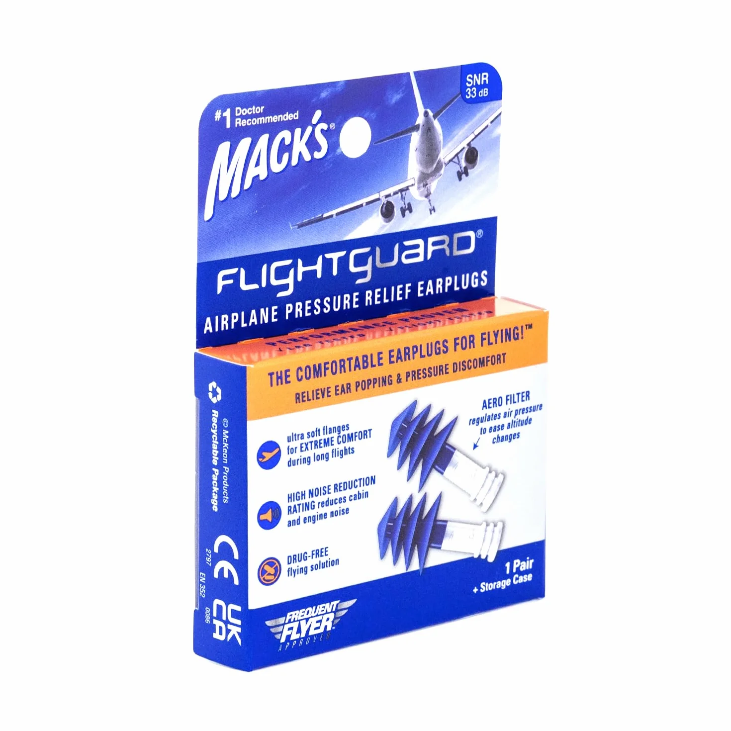 Mack's Flightguard Airplane zatyczki do uszu redukujące ciśnienie 26 dB NRR 33 dB SNR