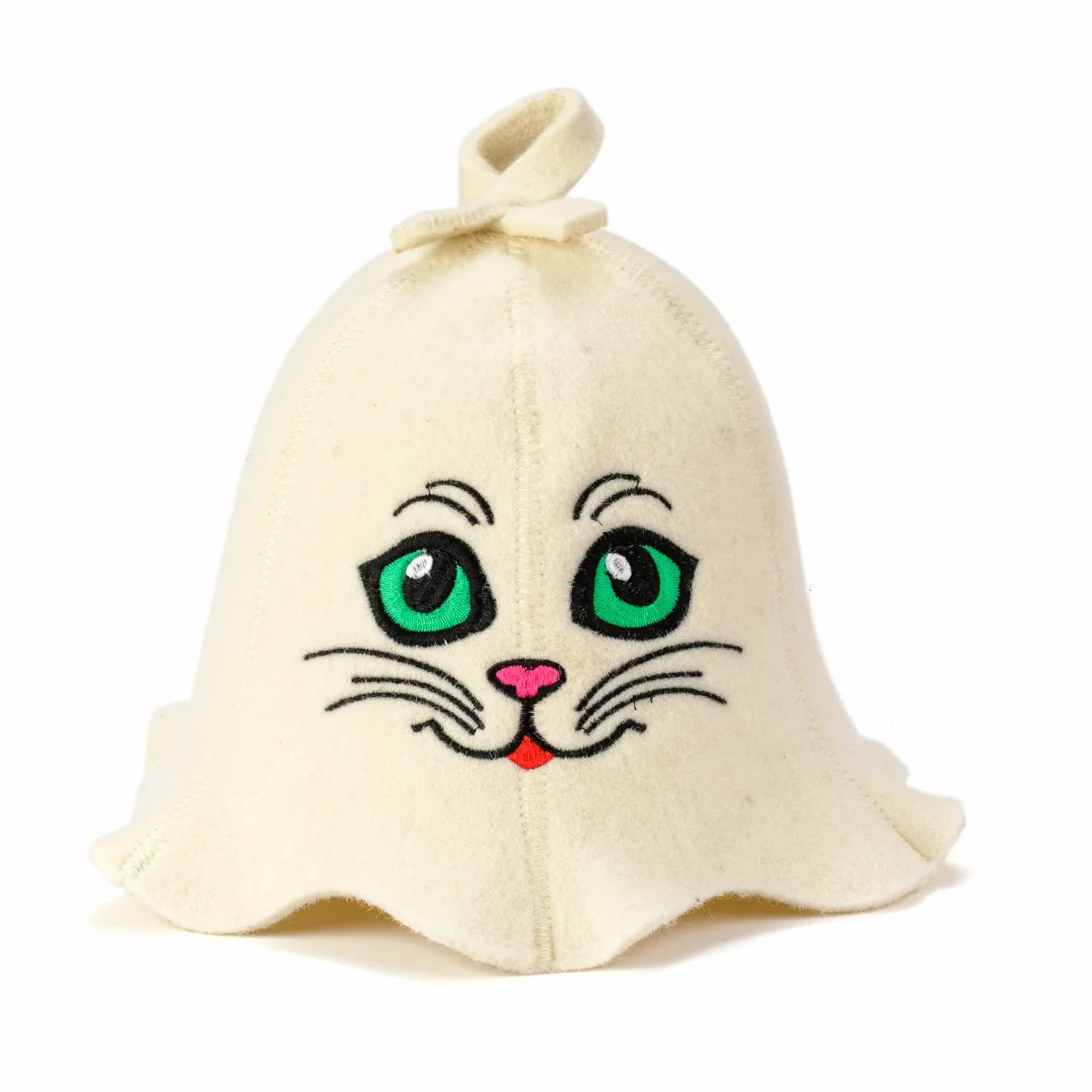 Tkaniny naturalne Sauna Hat 'Sauna Kitten' White - 100% Organic wełniane kapelusze dla rosyjskiej Bania - Protect Your Head od ciepła - English Sauna eBook Przewodnik w cenie - z haftem