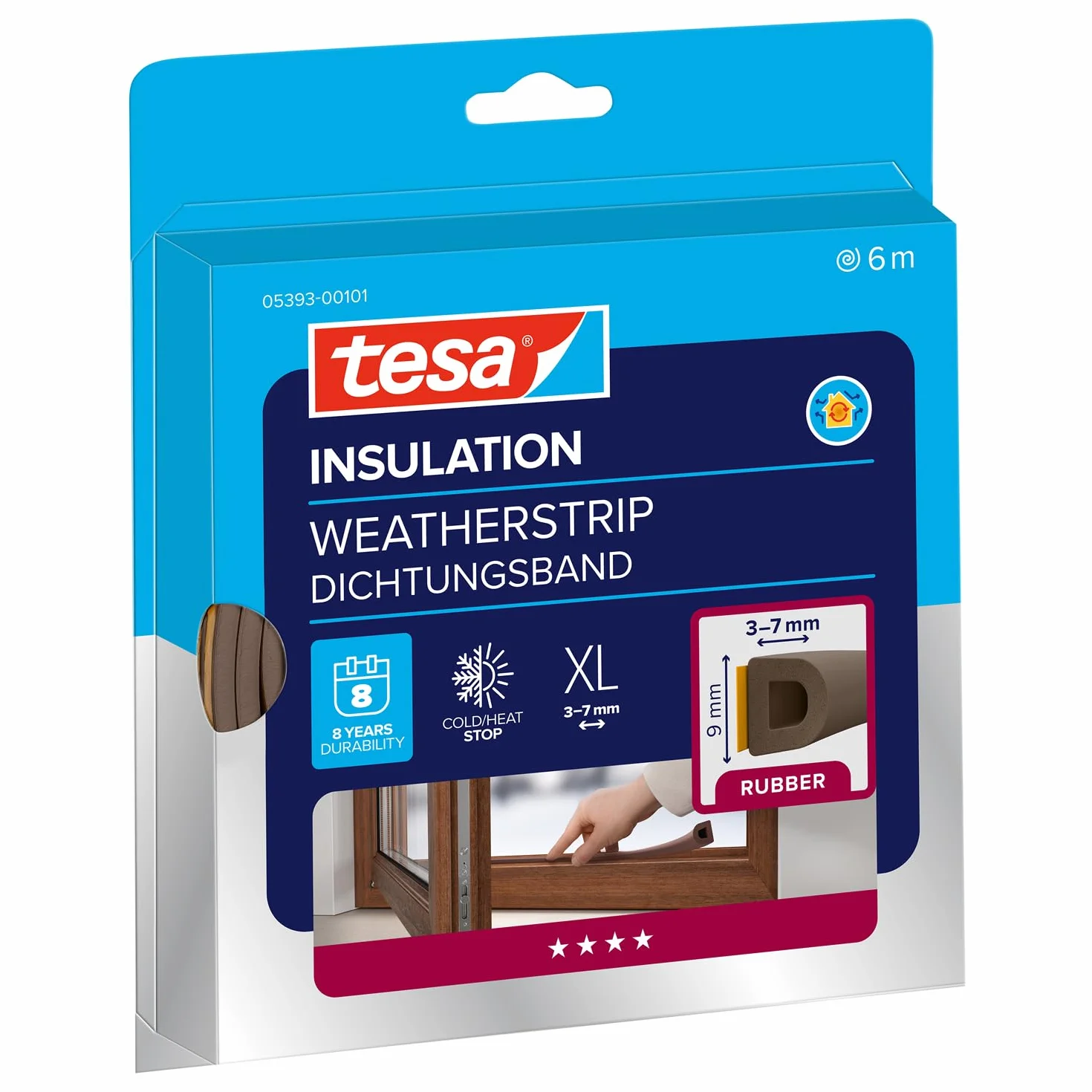 tesa INSULATION XL uszczelka gumowa - Samoprzylepna uszczelka do izolacji szczelin w oknach i drzwiach - Brązowa - 6 m x 9 mm x 7 mm