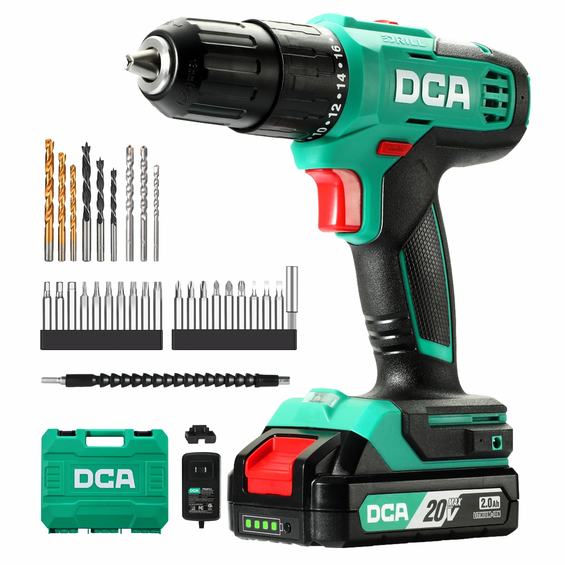 DCA Zestaw akumulatorowych wiertarek udarowych 20 V, 40 Nm, szybkozaciskowy uchwyt wiertarski 13 mm, 22500 uderzeń/min, 2 prędkości, 18 + 1+1, wiertarko-wkrętarka udarowa z 14 bitami do cegły, metalu