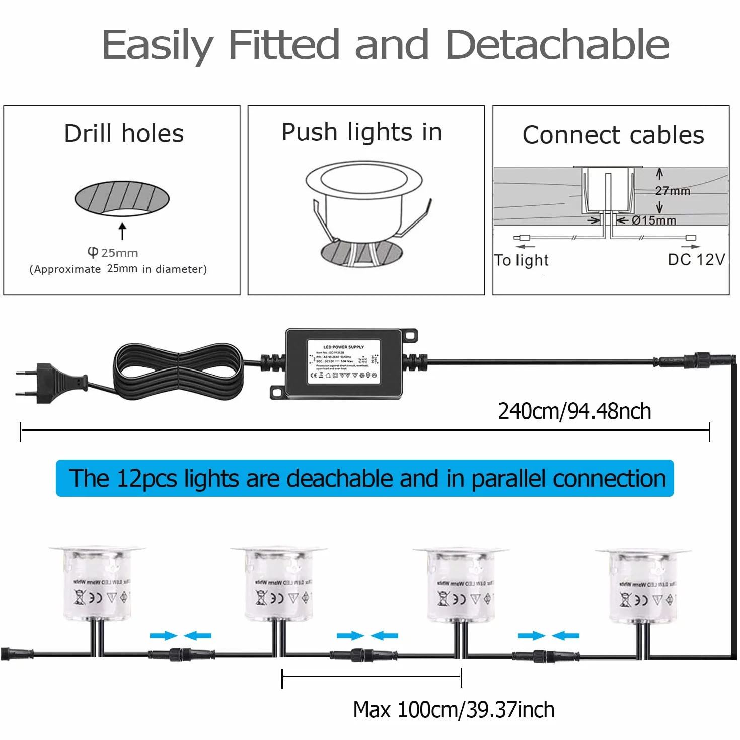 12 x zewnętrzne wpuszczane reflektory LED, wodoszczelne IP67, wpuszczane reflektory tarasowe, drewno sufitowe, 0,6 W DC12V ciepłe białe światło, zestaw mini lampy drogowej